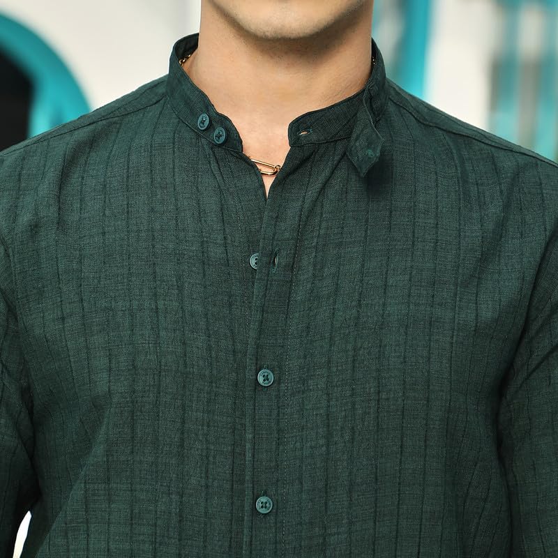 Image of CAHOOT Men Emerald Green Pinstriped Tactile Shirt for Casual Wear Mandarin Collar Long Cuffed Sleeves Button Closure Crafted with Comfort Fit Everyday