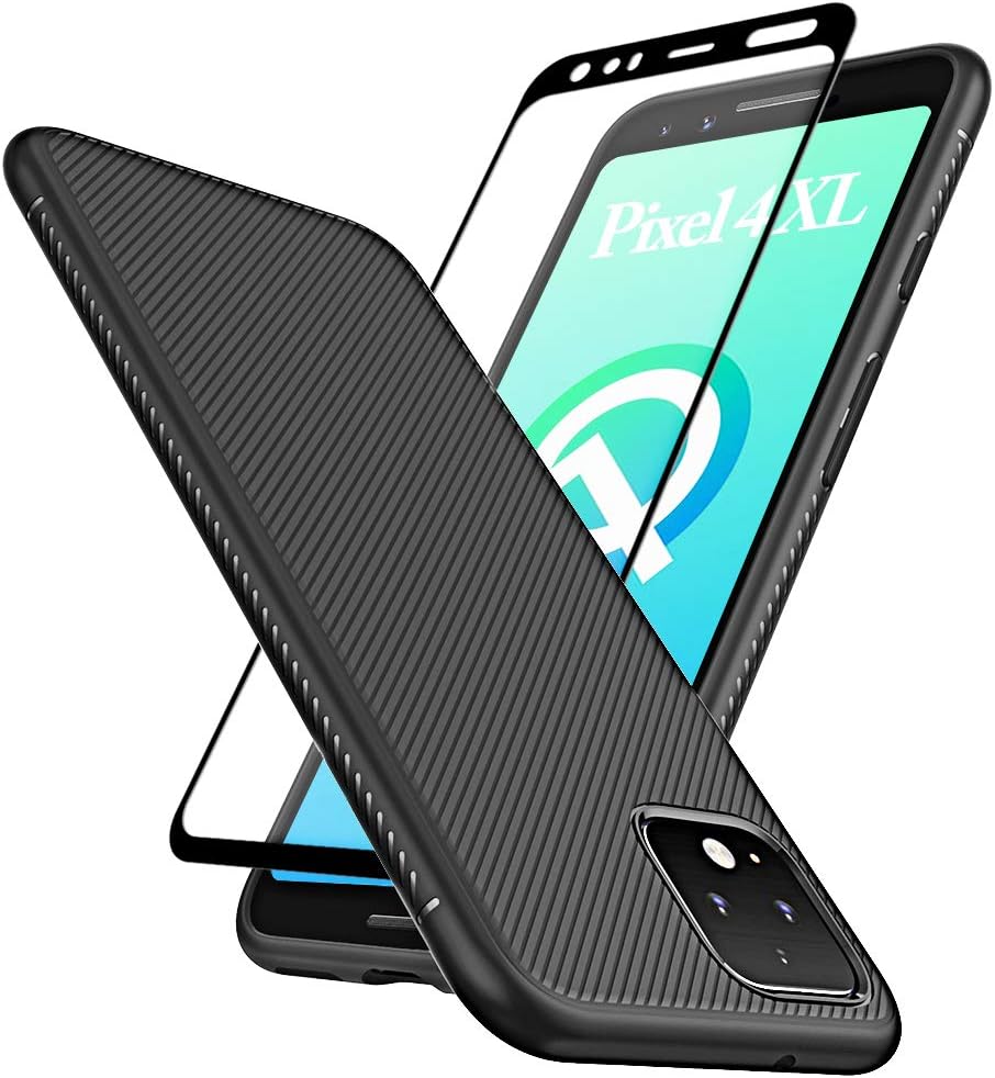 Huness Google Pixel 4 XL Case with Tempered Glass Screen Protector Scratch Resistant Anti Slip Grippy Soft TPU Case for Google Pixel 4 XL Phone (Black)