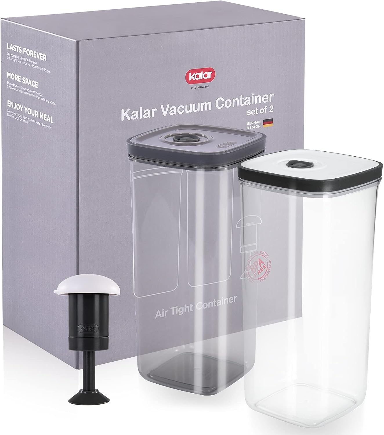 KALAR Vacuum Sealer Airtight Food Storage Containers with lids, Vacuum Sealed Containers for Food, Reusable, Stackable, Airtight Containers Set with Manual Pump(2 Piece,65 oz)