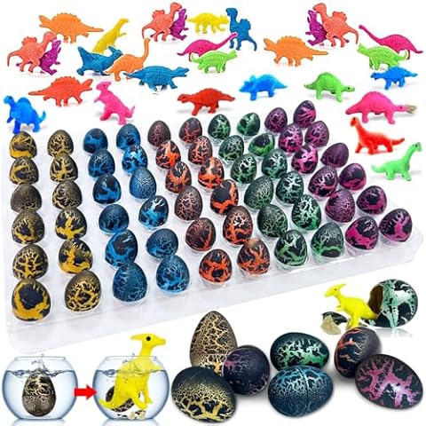iGeeKid 60 Pack Dinosaur Eggs Hatching Dinos Egg Grow in Water Crack with Assorted Color Hunting Game Birthday Party Favors for Toddler Kids 3-10 Boys Girls Cover