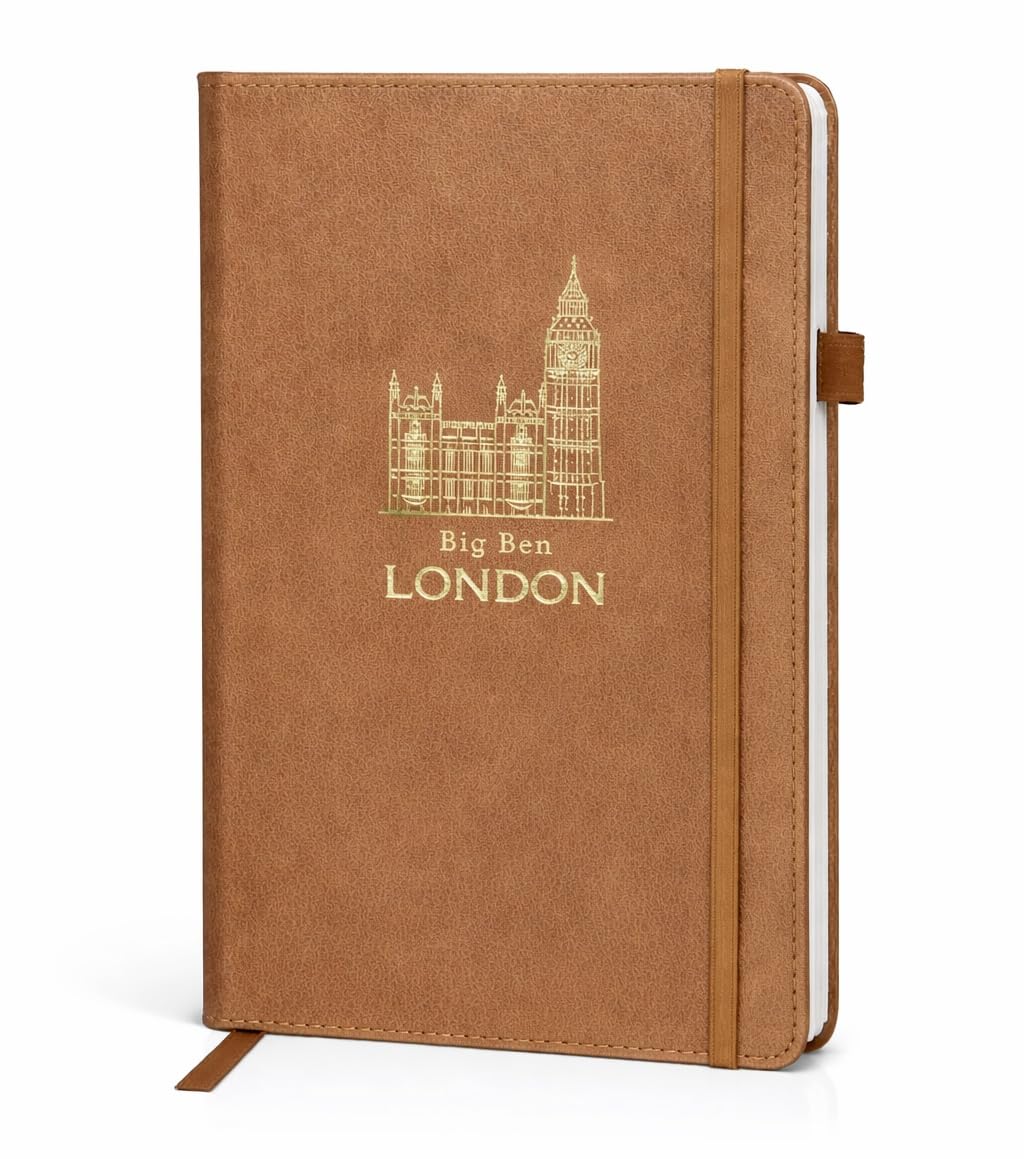 Premium A5 Thermo PU Leather Journal Notebooks, London Souvenir Skyline Brown Notebook, 192 Pages, Pen Loop, Rear Pocket & Bookmark, London Eye, Big Ben & Tower Bridge Travel Notebook, Brown
