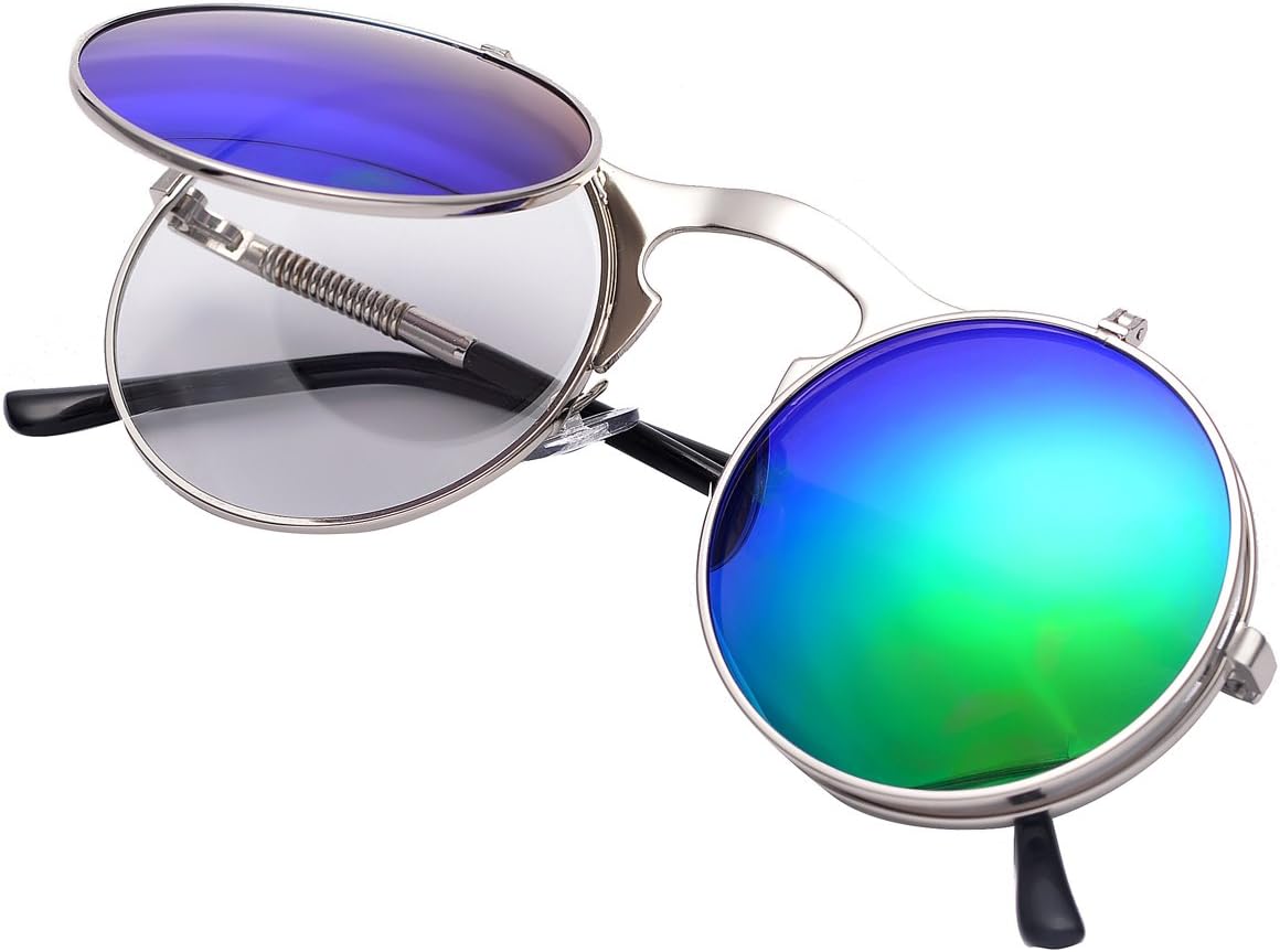 COASION Vintage Round Flip Up Sunglasses for Men Women Juniors Circle Steampunk Costume Glasses