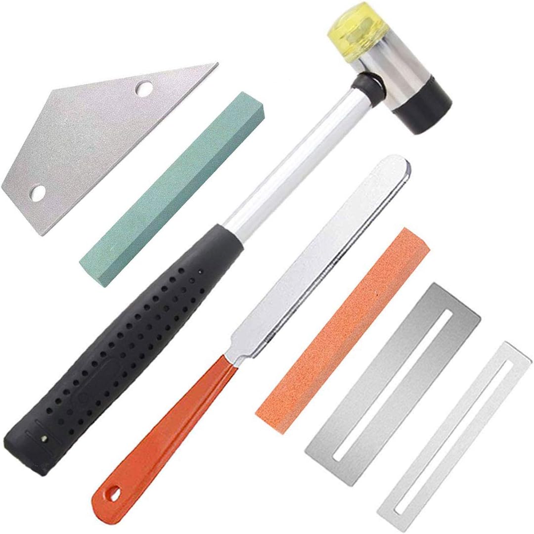 Guitar Luthier Tool Kit, Guitar Fret Crowning File, Double Headed Guitar Bass Fret Wire Rubber Hammer,Stainless Steel Fret Rocker, 2 Pcs Fingerboard Guards Protectors and Grinding Stone