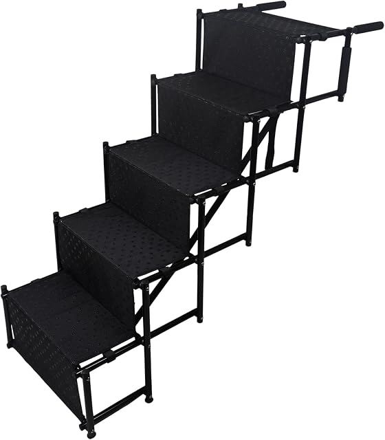 Jpphioe Dog Stairs Ramp for large and small Dogs, Lightweight Foldable Pet Ladder Ramp with Nonslip Surface for High Beds, Trucks, Cars and SUV, Supports Up to150 Lbs,5 Steps, Black,20 X 14,VHFG555