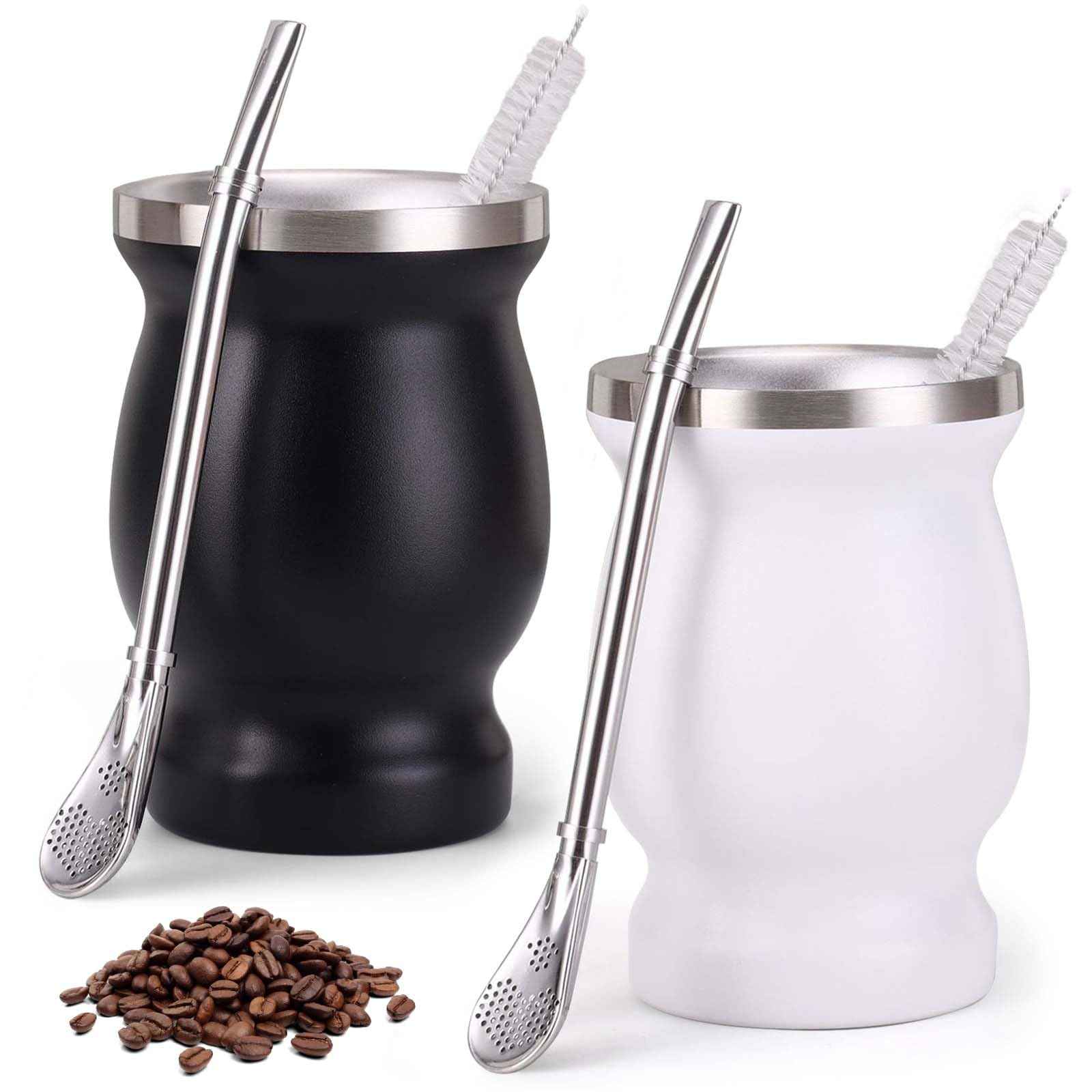 2 Stück Mate Becher Set mit Löffel und Reinigungsbürste, edelstahl, Yerba Mate Cup, dishwasher safe, dauerhaft für Küche, Restaurant, Café (Schwarz+Weiß)
