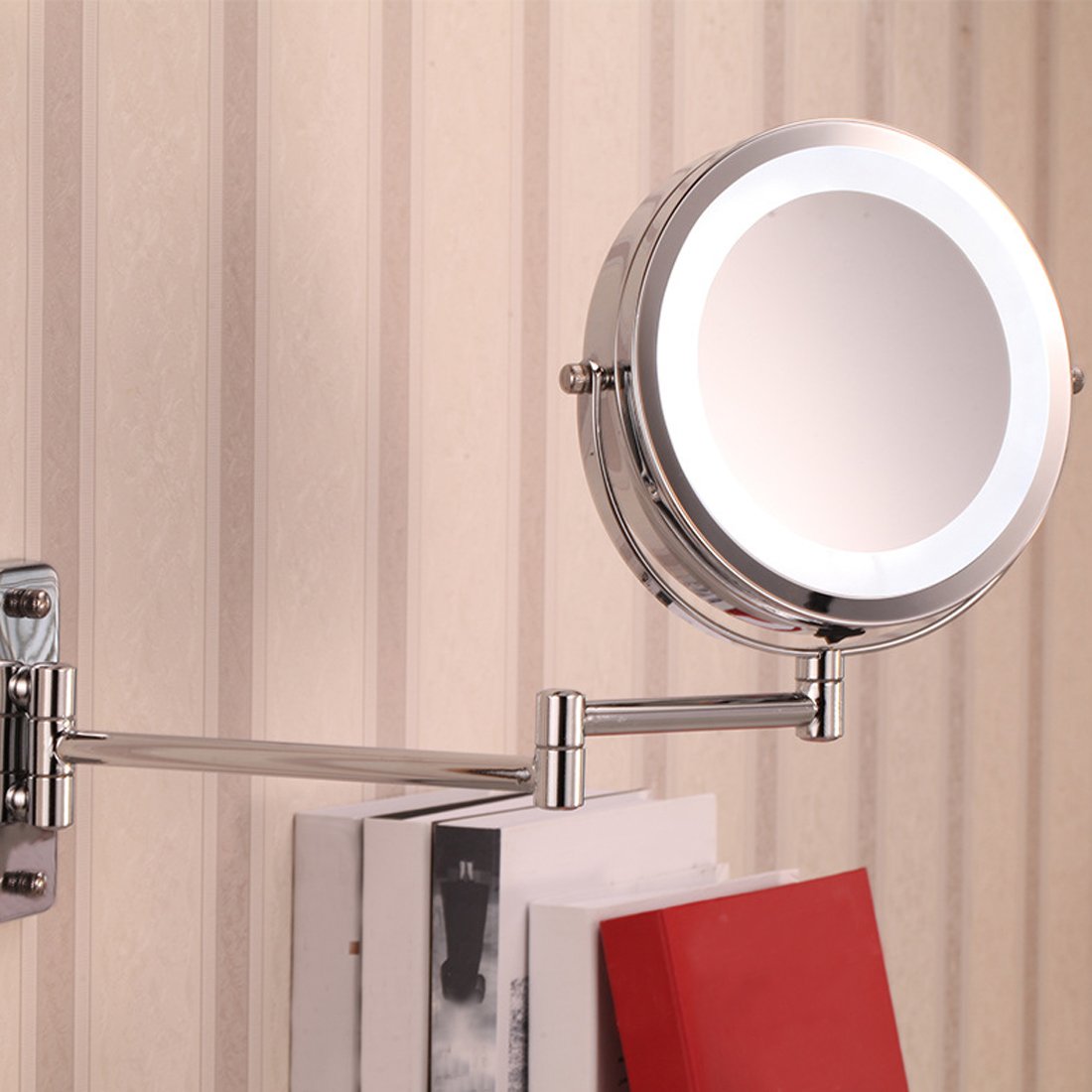 Ruilogod Espejo de aumento de pared LED inalámbrico de doble cara para montaje en pared, color plateado (id: fb0 f2c a10 0f7 b5f