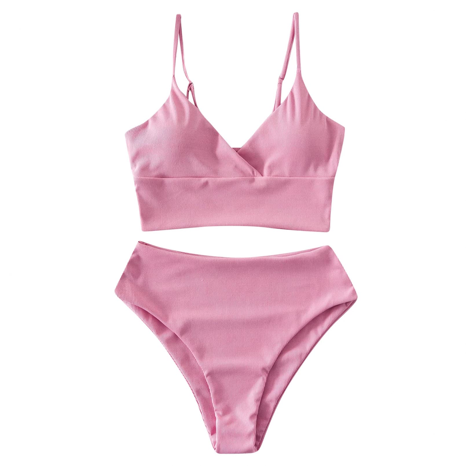 BAJIE Maillot de bain 2 pièces à col en V pour femme Taille haute - Rose - L