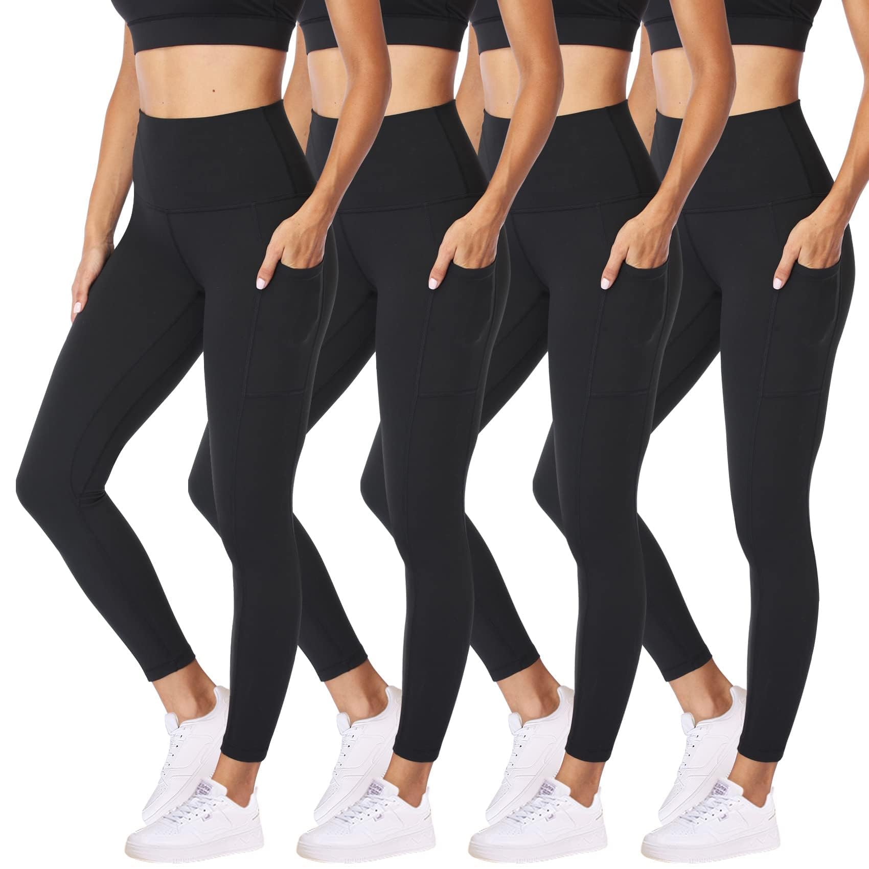 NexiEpoch 4 Pack Leggings for Women - High Waisted Tummy Control Soft Black Capri Yoga Pants with Pockets