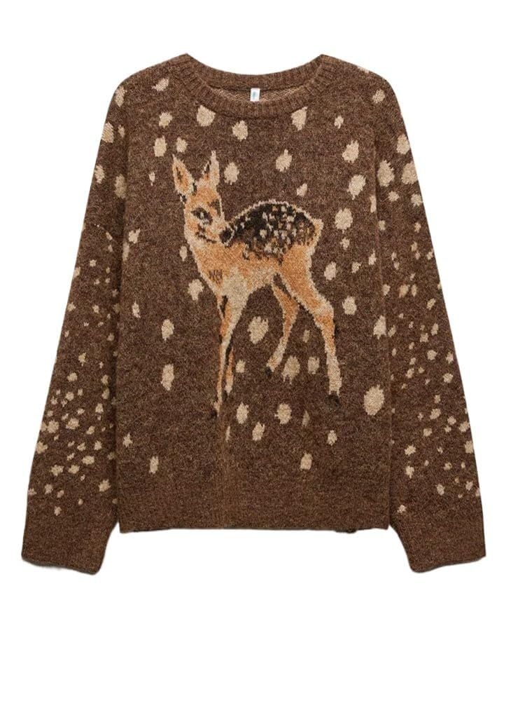 Maglione girocollo con motivo cervo da donna, maglione a maniche lunghe in maglia morbida, casual, vestibilità larga, per autunno inverno uso quotidiano