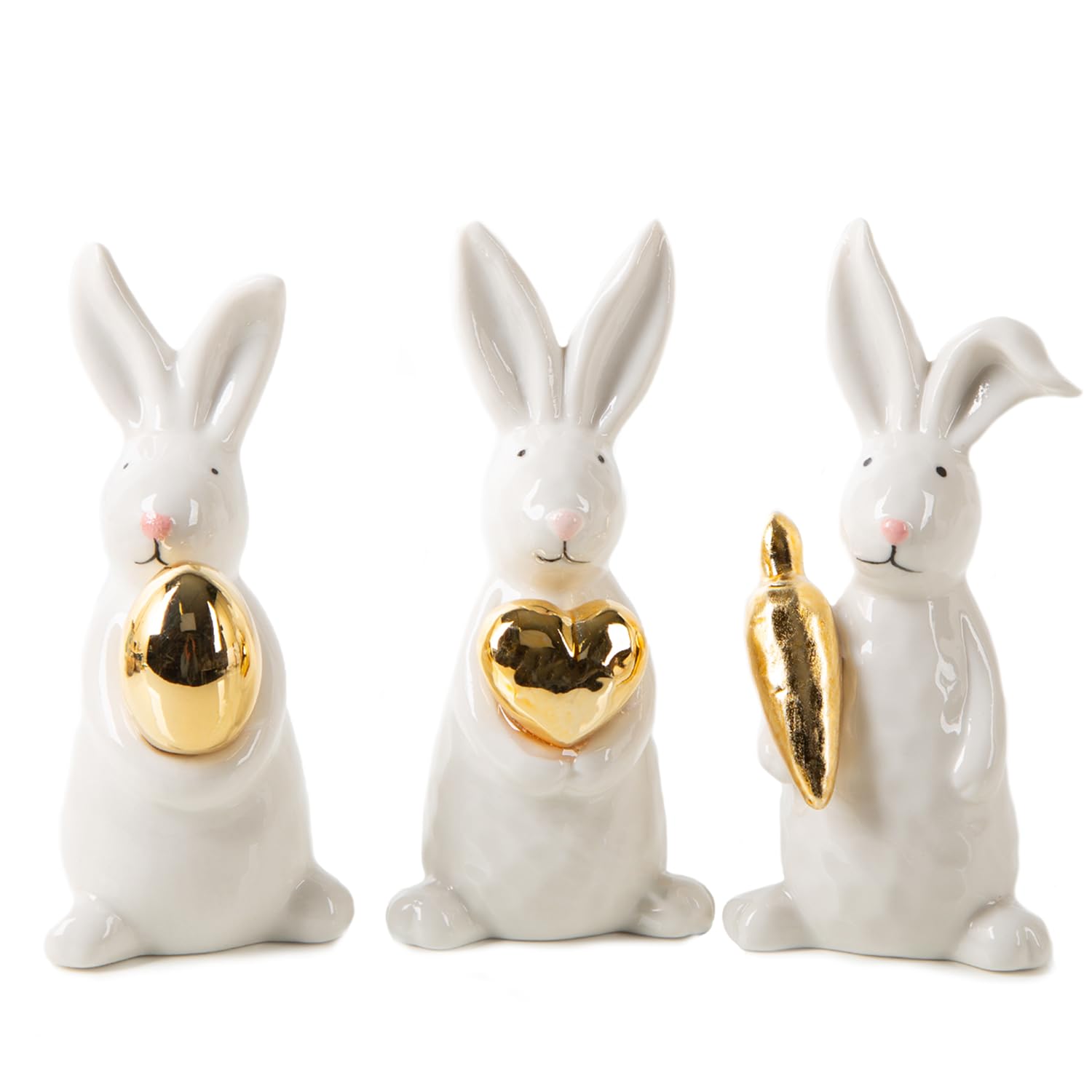 Figure conigli pasquali decorativi, 3 pezzi: conigli pasquali in porcellana, decorazioni pasqua e primavera, decorazione pasquale moderna, set regalo pasqua, addobbi per la casa, oro e bianco, 12,5 cm