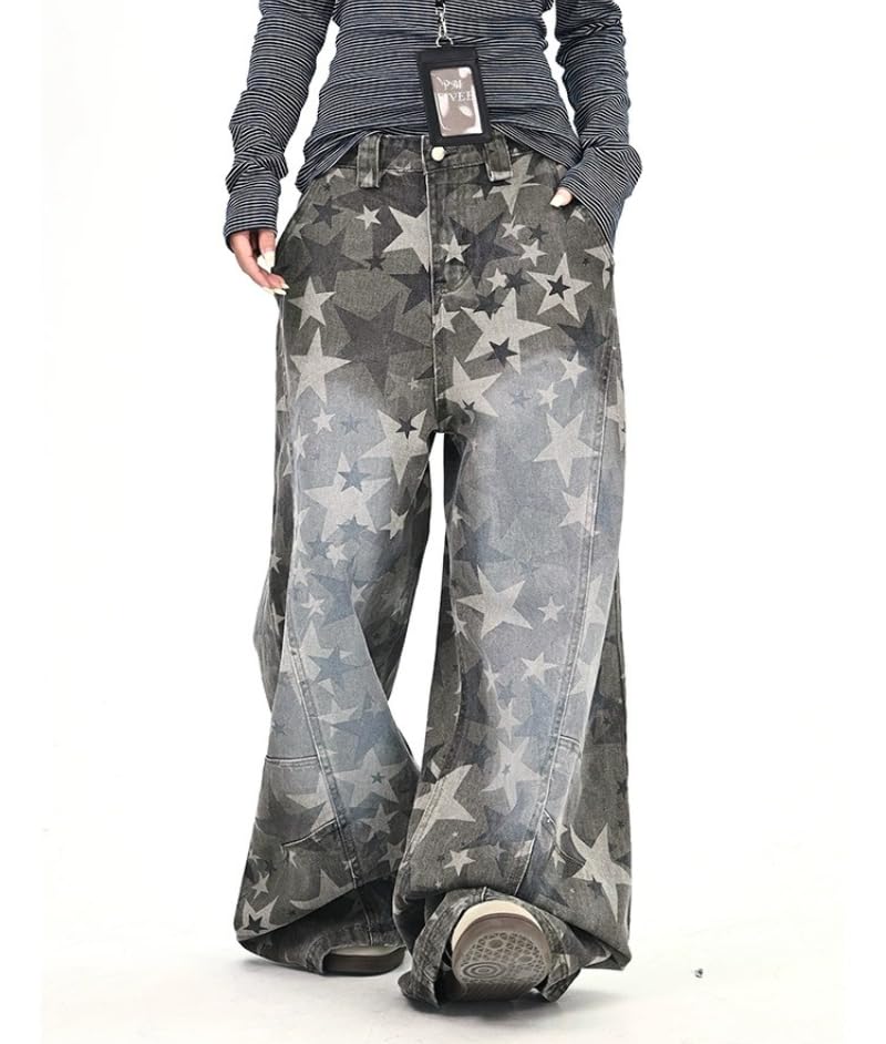 Unisex Y2k Vintage Grunge Distressed Star Camo Print Wide Leg Jeans Hiphop Harajuku 90s Loose Fit Casual Denim Pants4
