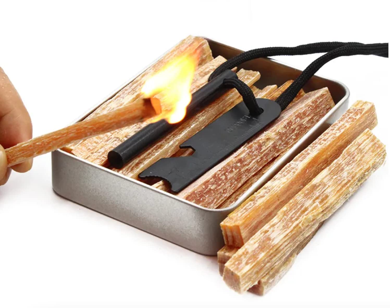 Fatwood Fire Starter Sticks - Indoor or Outdoor All Natural Pine Fire Starters for Campfires, Fireplace, Firepit, Wood Stove, or BBQ Grill - Kindling Wood Firewood Lighter (Tin Plus Flint Steel)