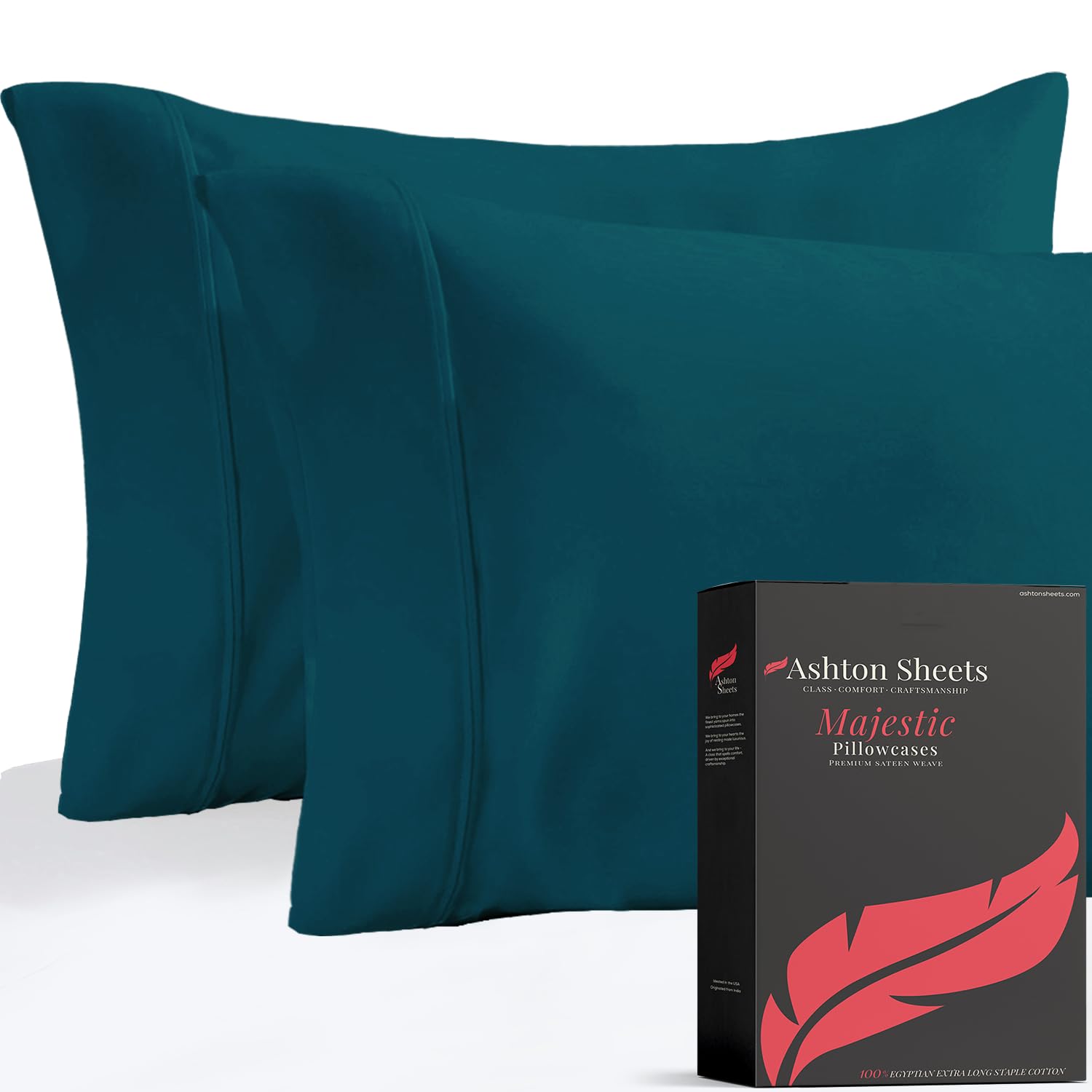 Ashton Sheets Luxury Egyptian Cotton King Pillow Cases Set of 2-1000 Series Majestic Collection King Pillowcases (Teal), Sateen Cooling Pillowcase,