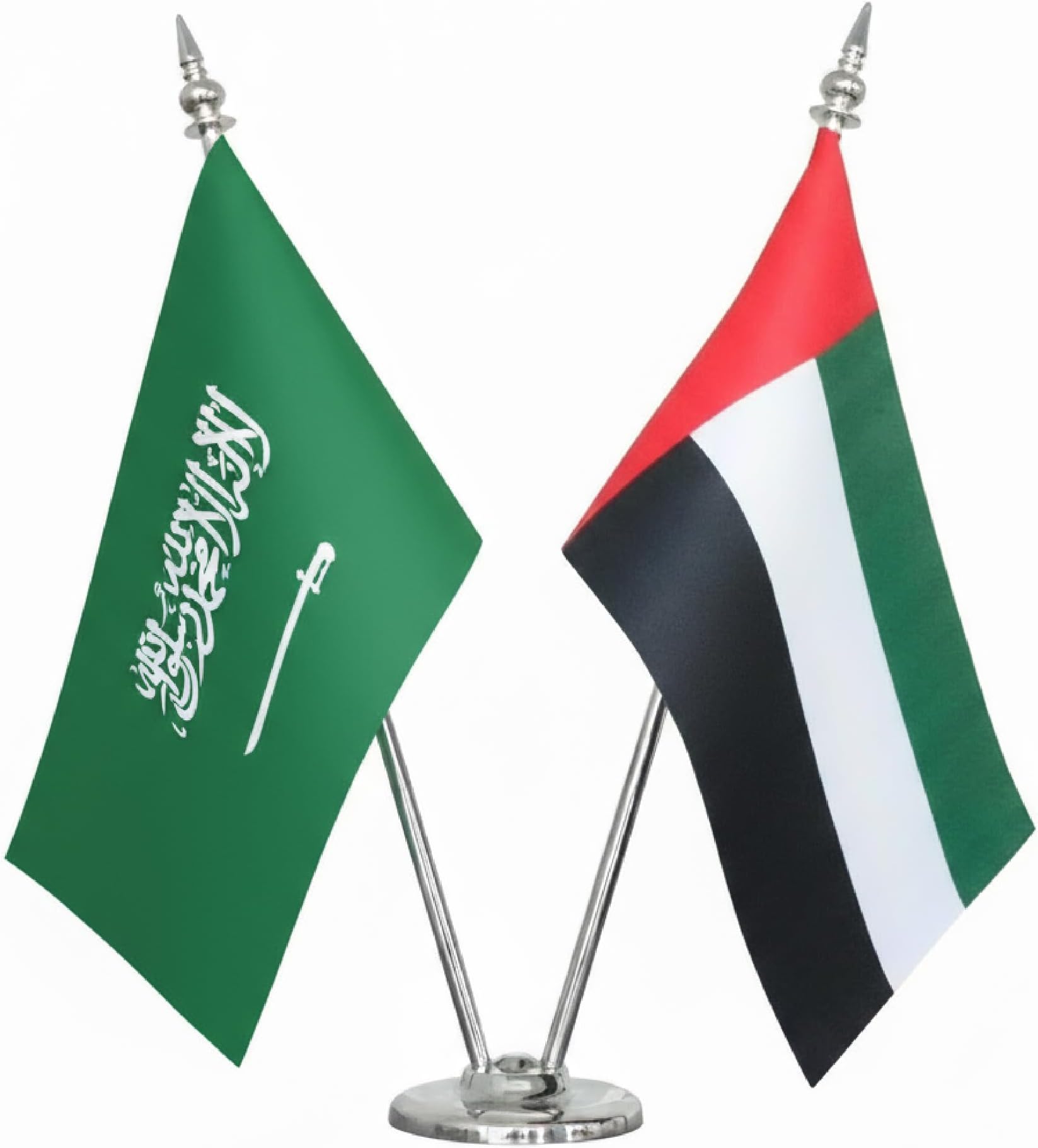 Double Pole Table Flag Set with Saudi Arabia and UAE Flags, Silver Finish, 42cm Height, 30x17cm Flags, Desk Display for VIP Office and Events