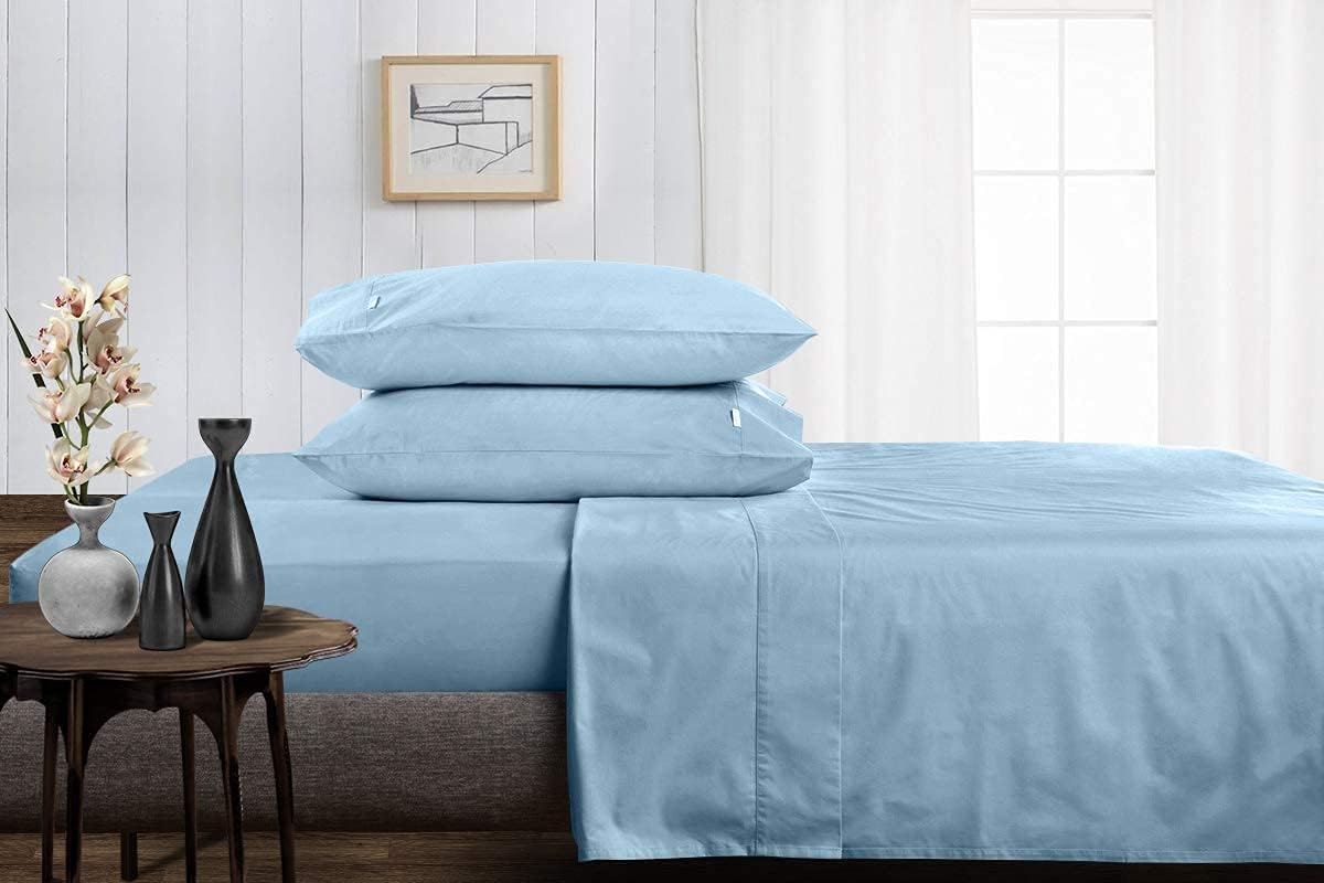 Luxurious 6 Piece Bedsheet Set- 1 Flat Sheet, 1 Fitted Sheet with 6″ Snug Fit & 4 Pillow Cover- 100% Cotton- 300TC- Wrinkle Free Bedding Set-Light Blue Solid, Single Size