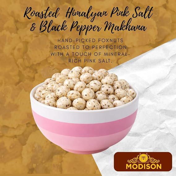 MODISON Roasted Fox Nuts (Makhana) Himalayan Pink Salt & Black Pepper | Gluten Free Vegan High Protein Healthy Snack | Not Fried | 80g