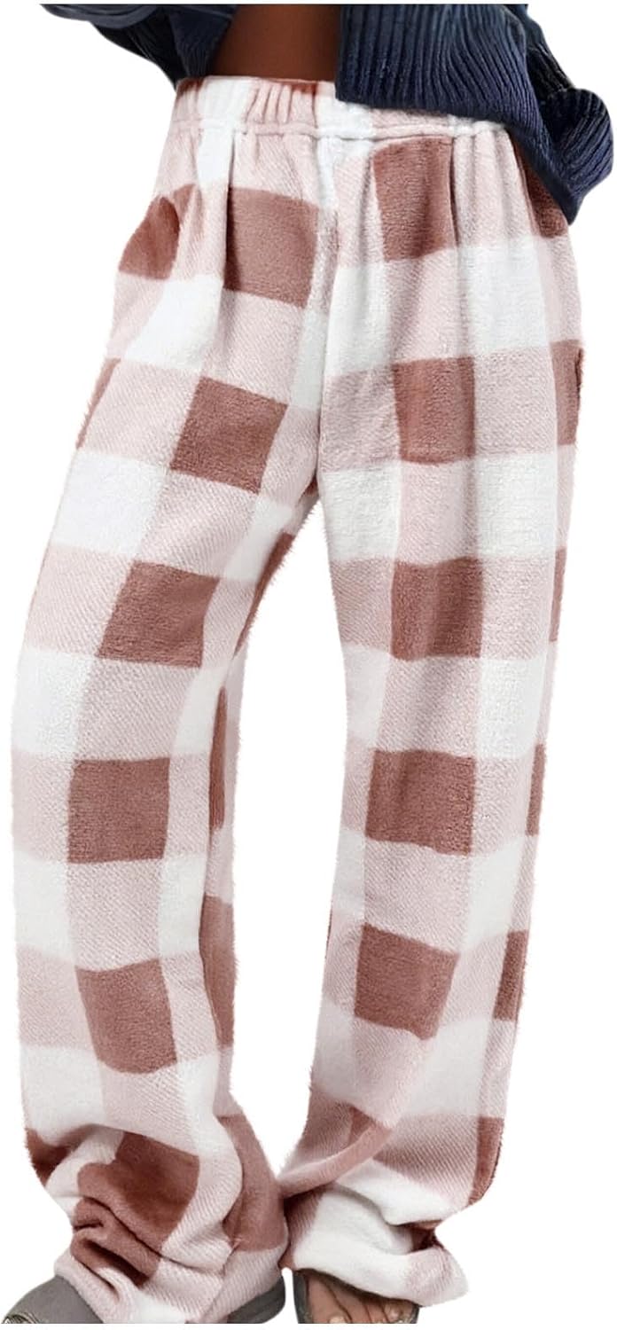 Fuzzy Flannel Pajama Pants Women Soft Elastic Waist Checkered Pajamas Pants Fluffy Lounge Sleep Bottoms with Pocket