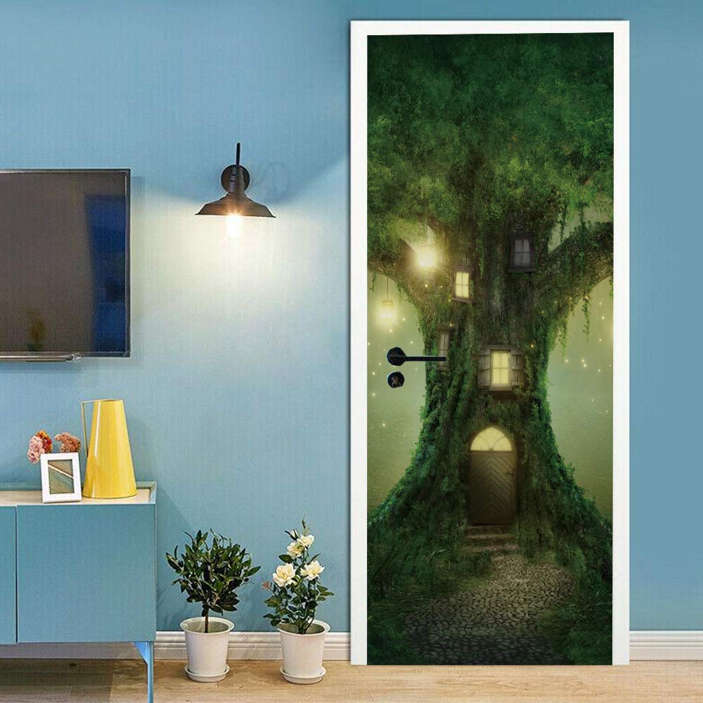 Sticker de porte trompe l'oeil forêt magique pour sublimer l'escalier d'un salon cocooning