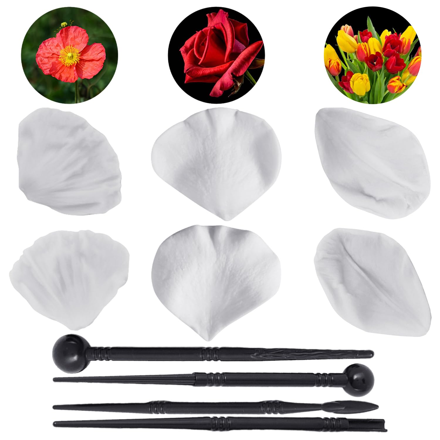 TYGFRT 3 Kinds of Silicone Flower Molds, 4 Fondant Tool Pens, Rose, Gummy, Petal Molds, White, Black, 6*5.2cm, 5.6*4.7cm