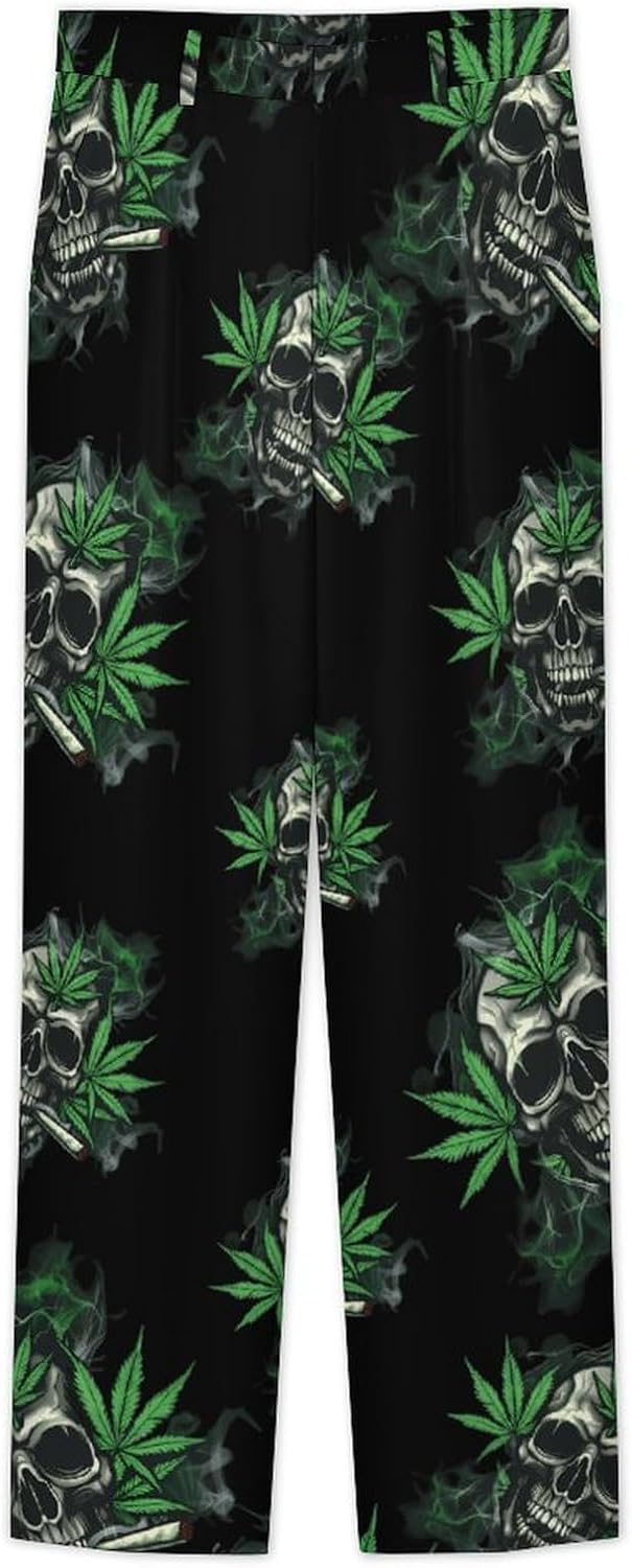 Skull with Weed Leaf Men's Classic Fit Suit Pants Straight Leg Design Printed Trousers