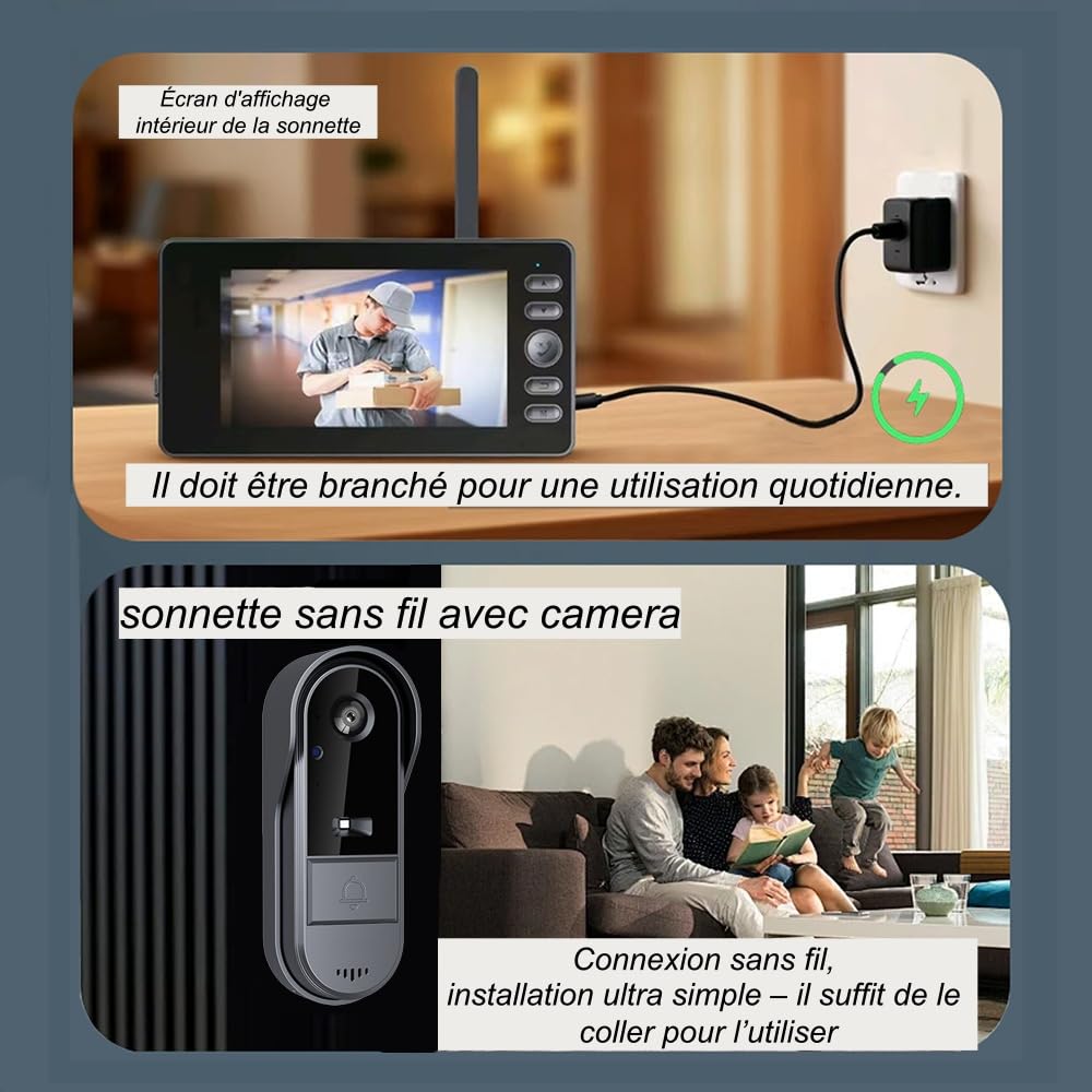 TKMARS Sonnette sans Fil Extérieur Étanche avec Caméra,Portier Vidéo Étanche IP65,Visiophone sans Fil Écran HD 4.3",120° Grand Angle,Communication Bidirectionnelle,Capture d'image Automatique