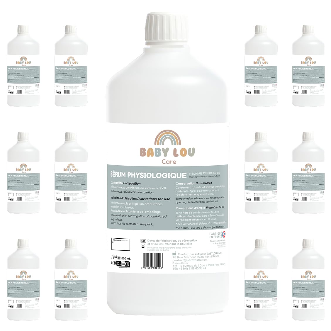 BABYLOU CARE Saline Solution 12x1L Bottle | NaCl 0.9% Isotonic | Family Pack | Nasal & Eye Hygiene | External Nasal Irrigation
