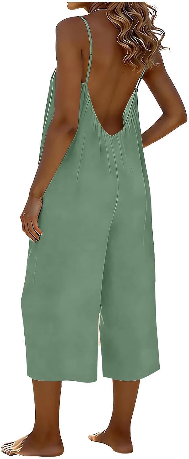 FZYLQY Rompers for Women Summer Casual Backless Cami Jumpsuits Capris Comfy Open Back Loose Fit Overalls with Pockets
