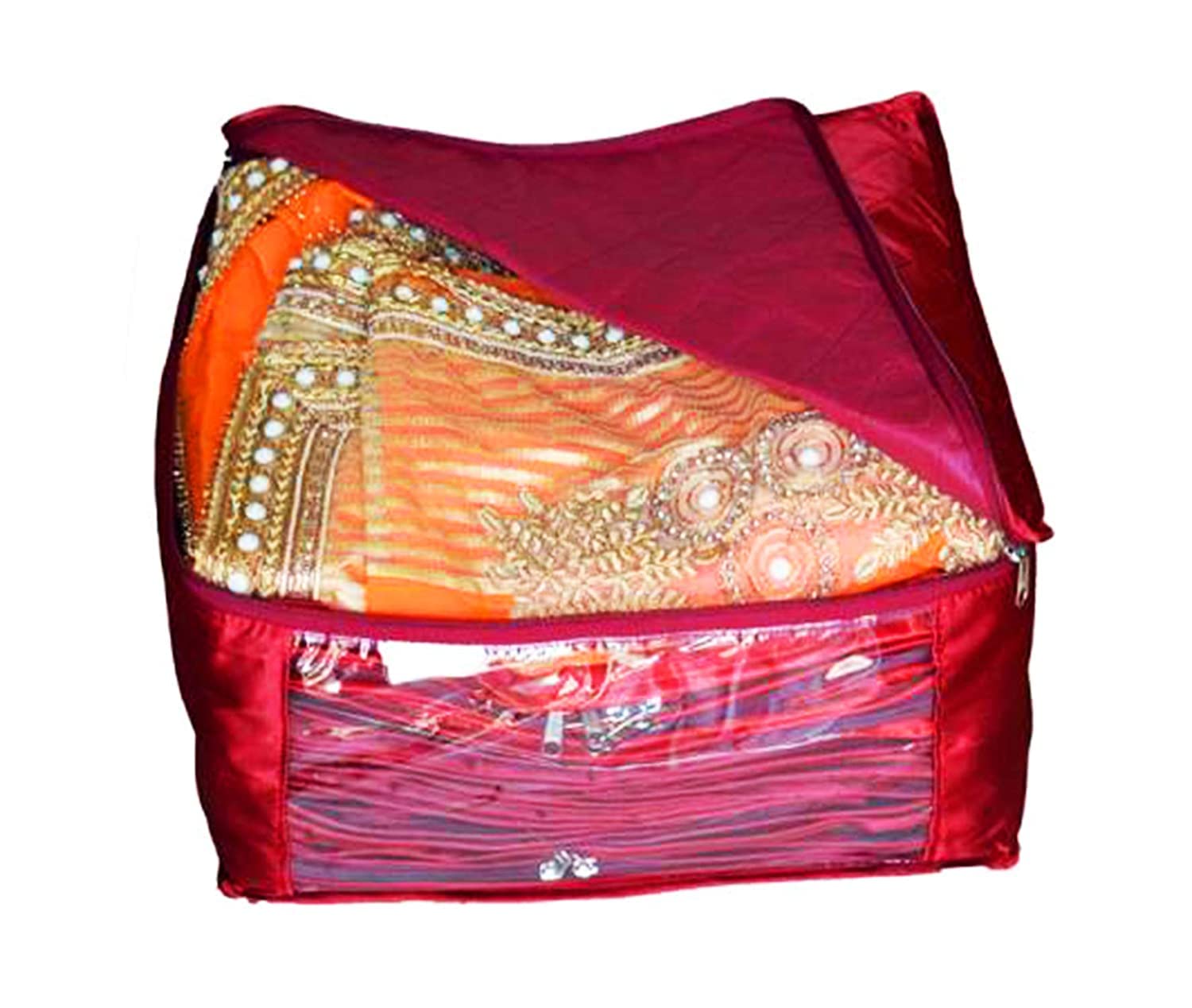 atorakushon Saree Lahenga - Set di borse portaoggetti in tessuto satinato, con finestra trasparente, extra large, organizer per abiti, confezione da 1 (marrone