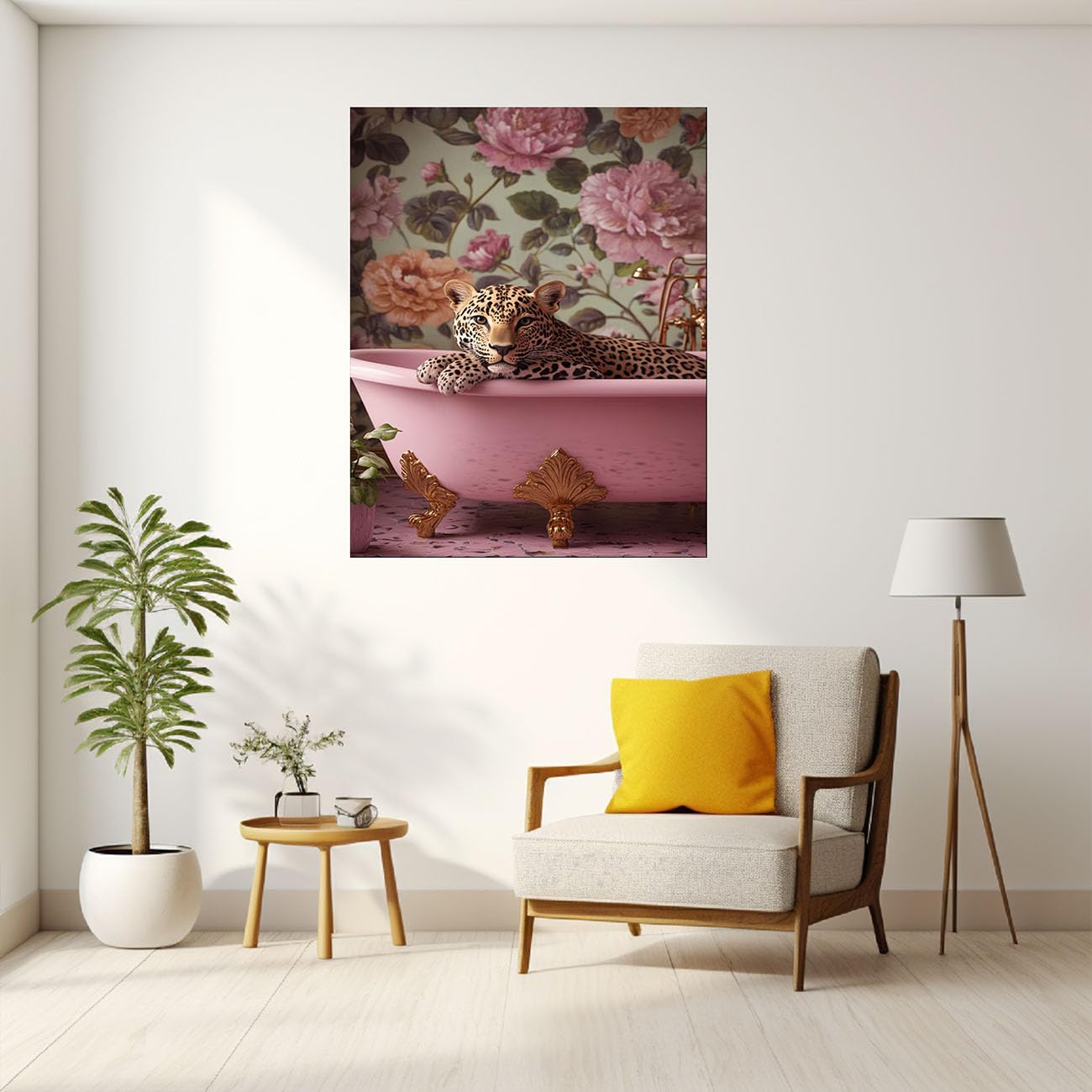 QUSAAOU Canvas Pictures Leopard w różowej wannie z tapetą kwiatową, plakat z motywami zwierzęcymi, nadaje się do dekoracji ścian w sypialni, kuchni, biurze i łazienkach, kolor różowy, 60 x 90 cm, w