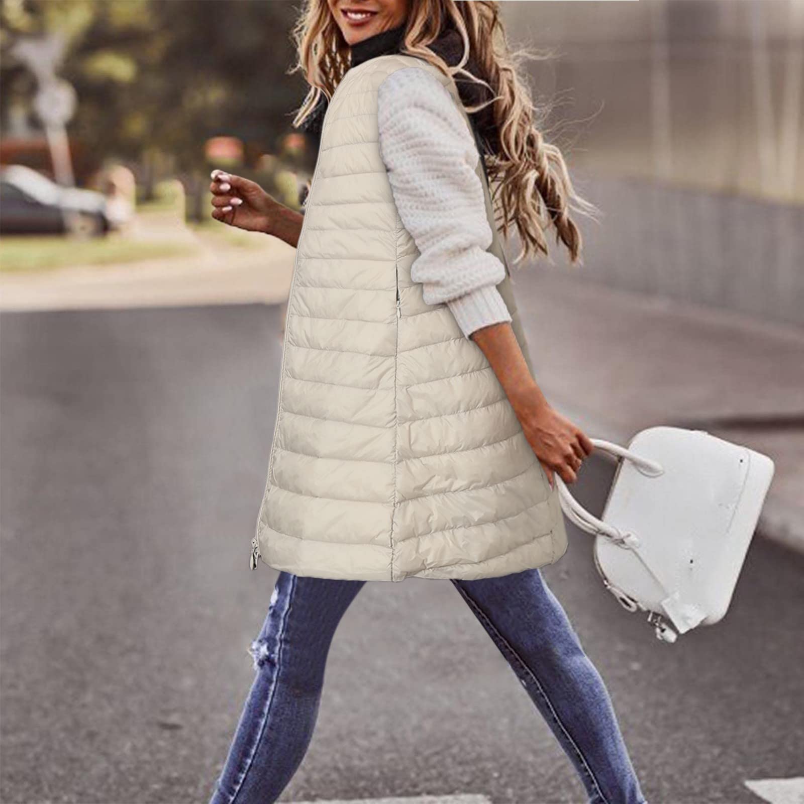 Generisch Piumino da donna, taglie forti, lungo, invernale, sottile, leggero, con tasche per esterni (beige, XL)