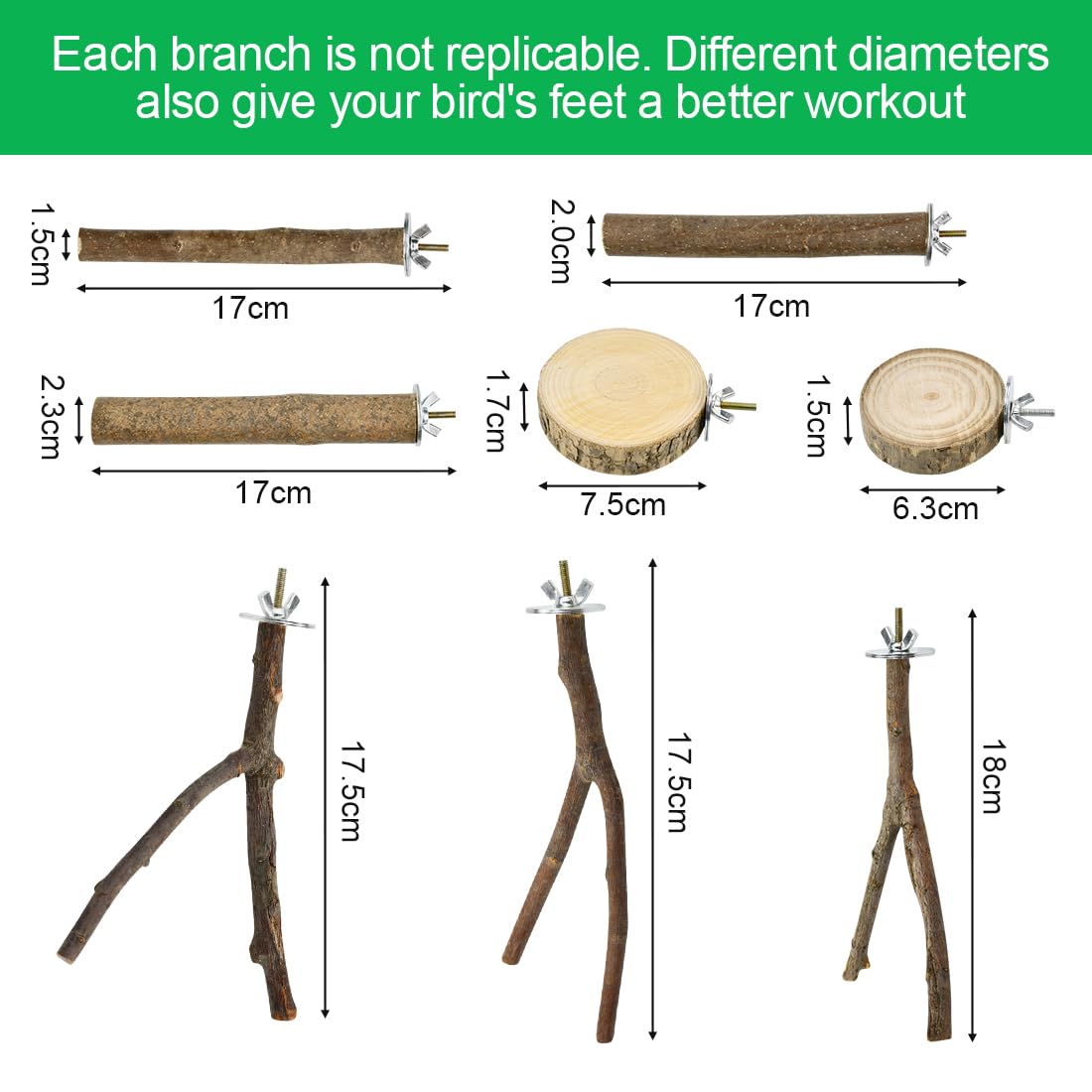 VGECEE 8 Pcs Perchas Naturales para Pajaros Perchas de Madera Naturales Tornillos Para Hacer Perchas Naturales para Jaulas Soporte de Percha Para Pájaros Para Ninfas Periquitos Agapornis Con Arandelas — view 2