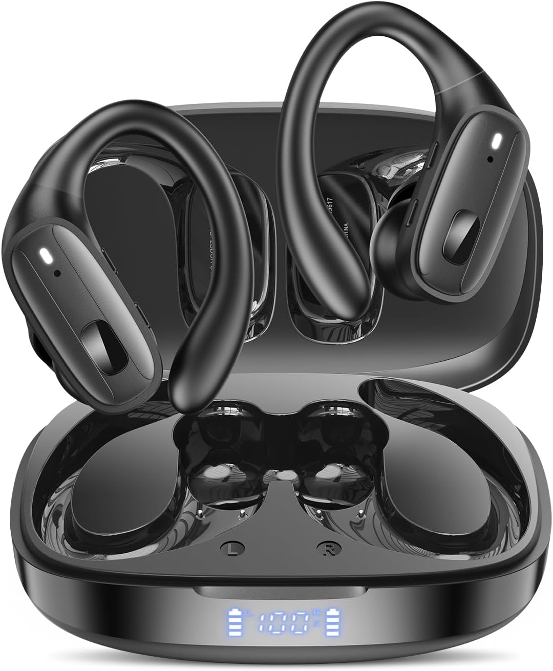 LEEMC Wireless Earbuds, Bluetooth Headphones 5.4, Ear Buds with Hooks for Sports, 80Hr Playtime Earphones, LED Display, IPX7 Waterproof Headset for Workout Running, Black