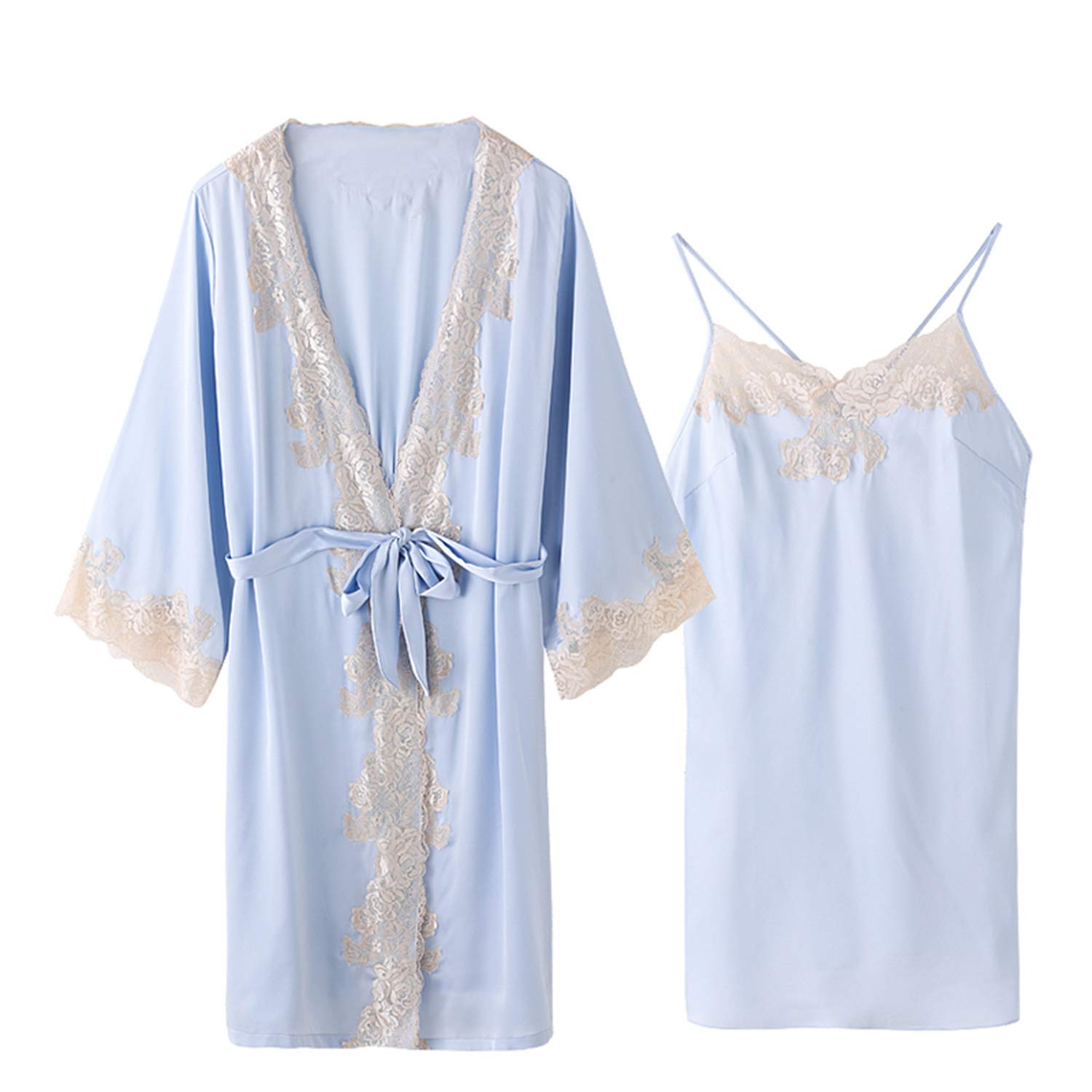 Traje De Kimono De Encaje Azul, Bata Satinada, Pijamas Sueltos con Bata De Baño Y Ropa De Dormir De Verano M