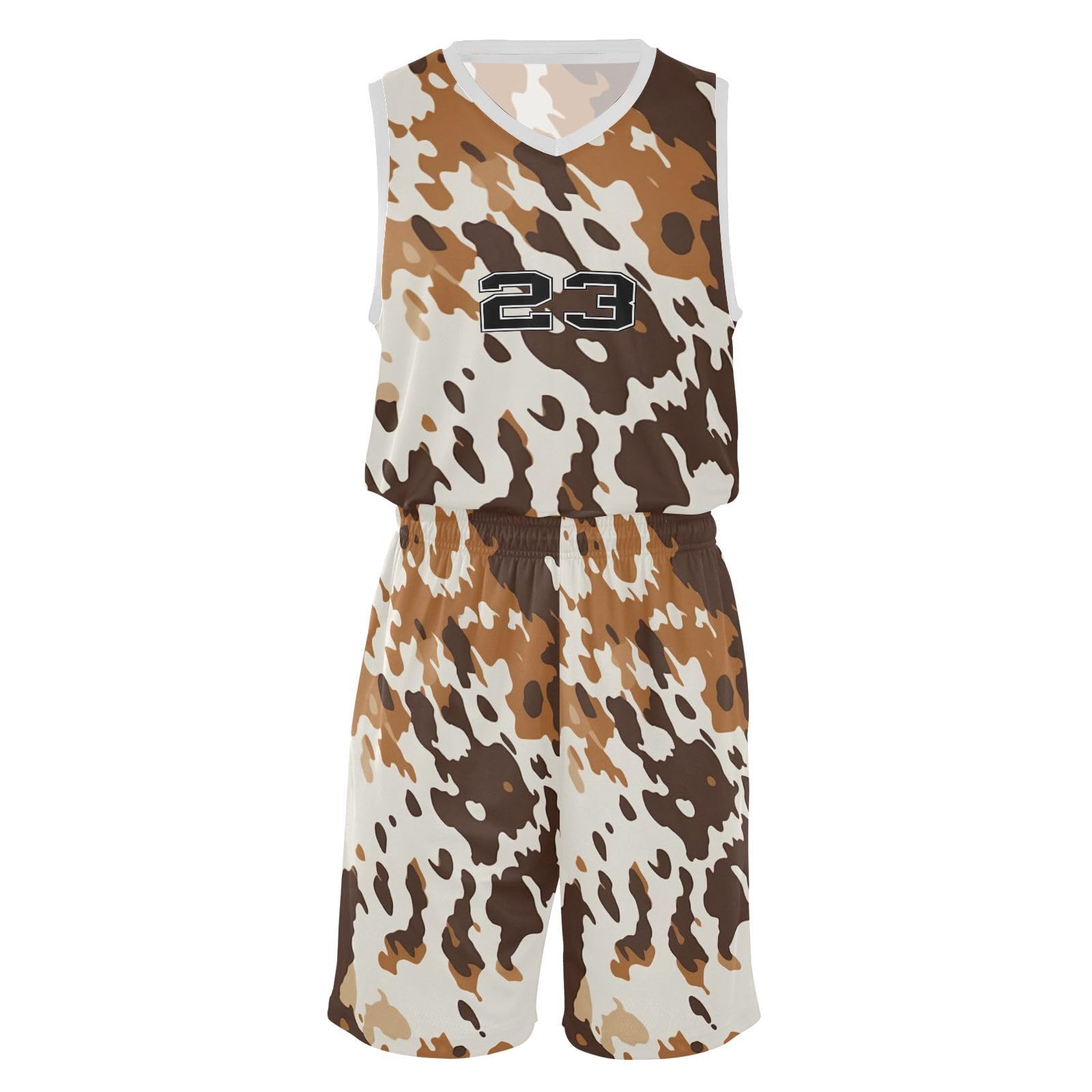 FLildon Cow Print Brown Boys Basketball Jersey Set Tank Top Shorts Tracksuit Sport Training Suit for Kids, XXL