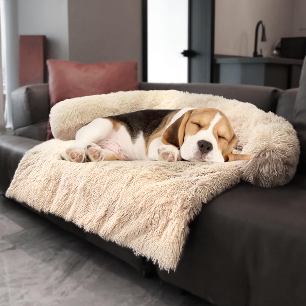 Calming Dogs/Cats Bed Mats, Dog Pad Washable Removable Couch Cover, Plush Long Fur Mat for Pets, Waterproof, Perfect for Small, Medium and Large Dogs and Cats (Beige, 36"x31.5"x 5.0")