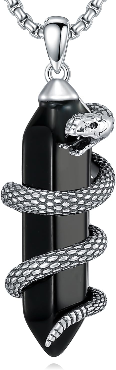 Snake Necklace with Black Obsidian 925 Sterling Silver Serpent Pendant Necklaces Jewelry for Men Women, w/Stainless Steel Chain 22''+2''