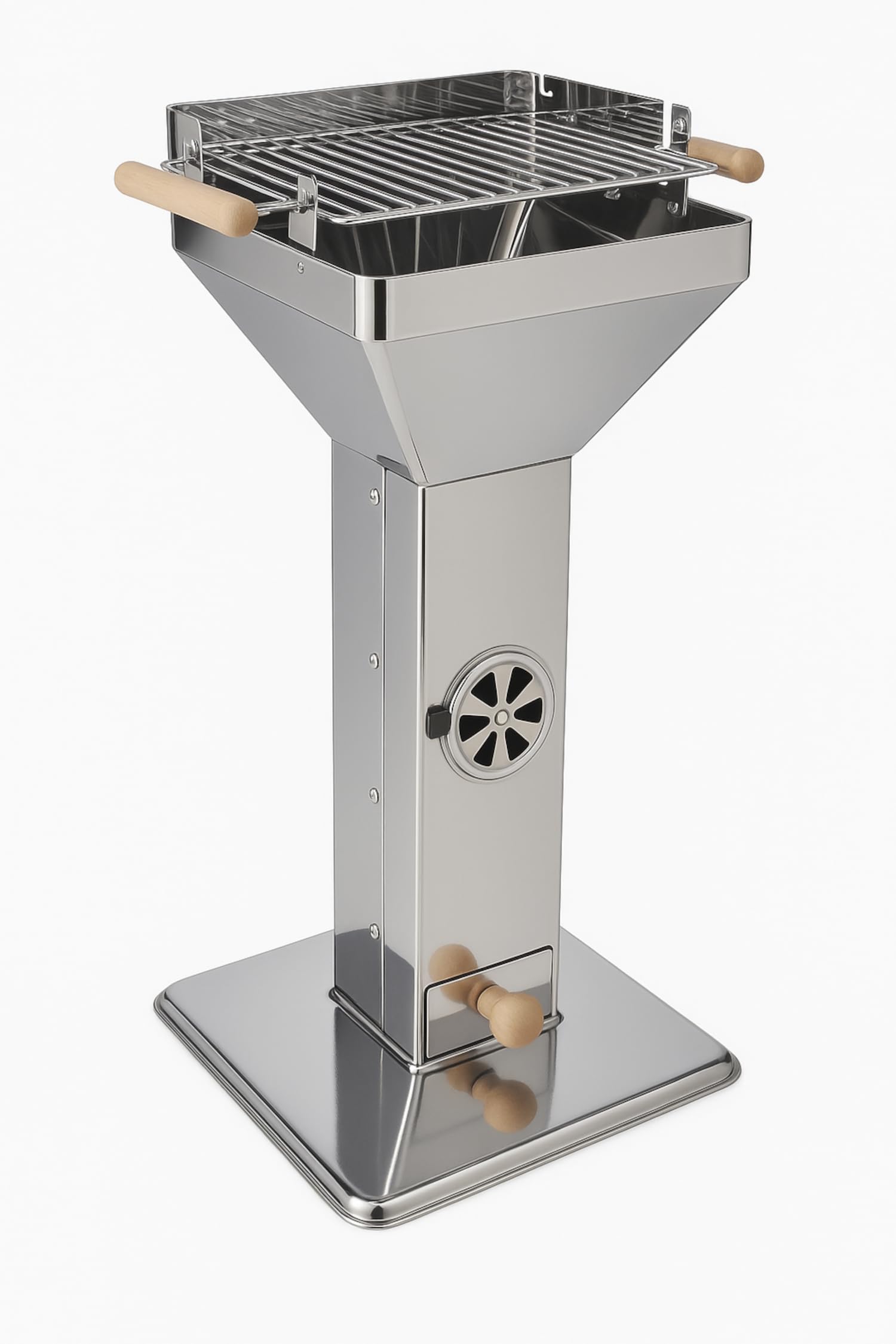 Säulengrill Holzkohle 82 cm Höhe – Holzkohlegrill Edelstahl mit verstellbarem Verchromtem Grillrost 36,5x36,5 cm Standgrill verwendbar als Feuerschale Kohlegrill