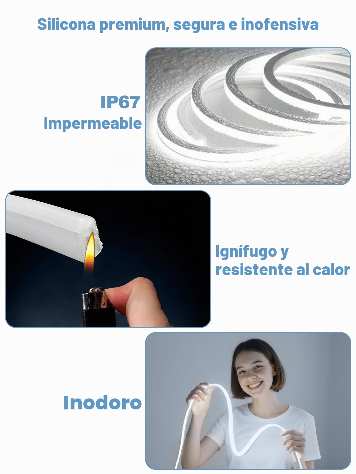 Tira de luces LED de 10 m, 10 m, color blanco frío, 6500 K, de silicona auténtica (no PVC) | Flexible, sin puntos de luz, regulable y cortable (5 cm), IP67 (enchufe seco) – para cocina, taller y oficina