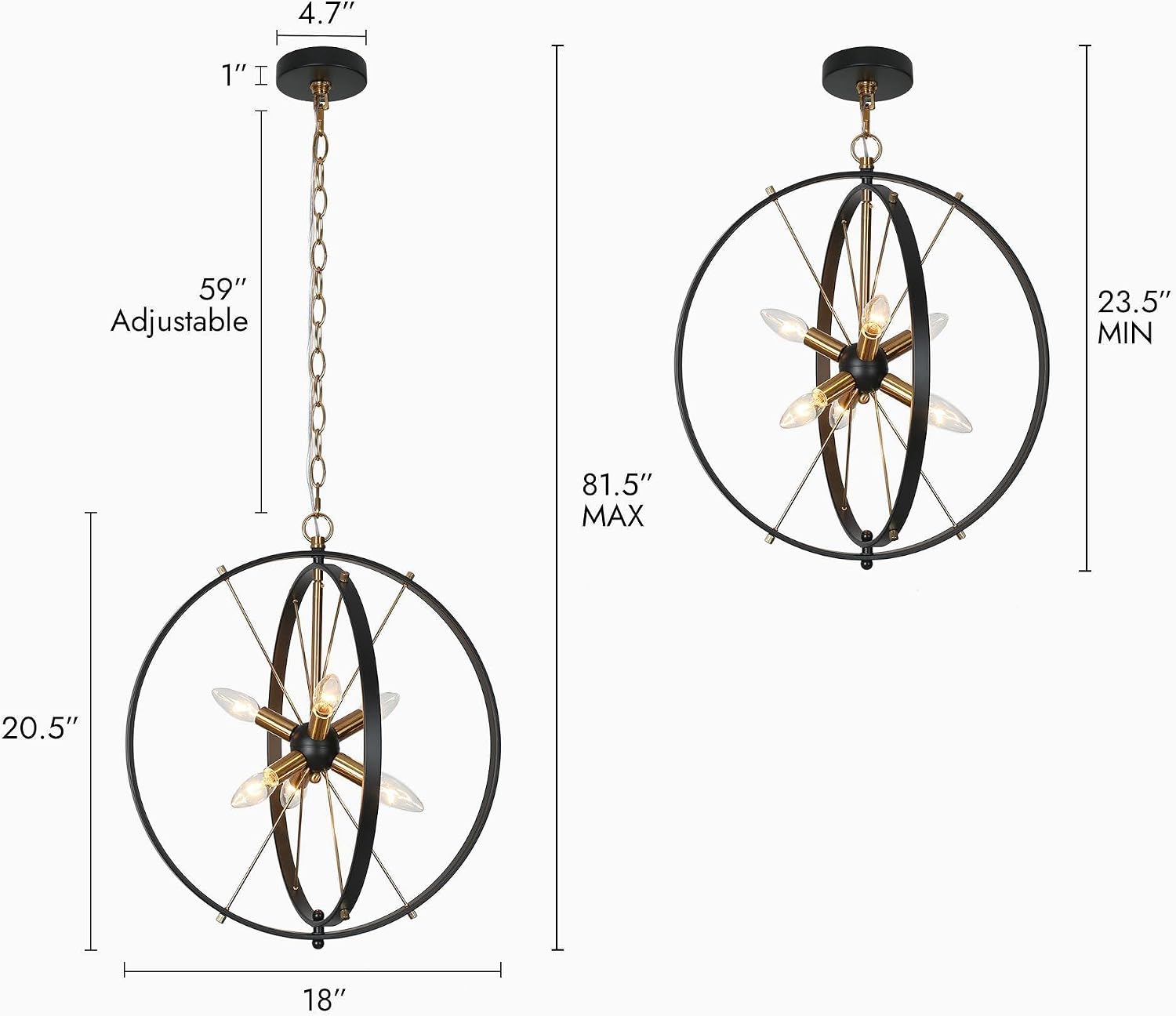 KSANA Black Gold Chandelier, 6 Light Orb Starburst Chandeliers 18" Modern Farmhouse Globe Hanging Light Fixtures or Dining Room, Kitchen, Bedroom, Entryway