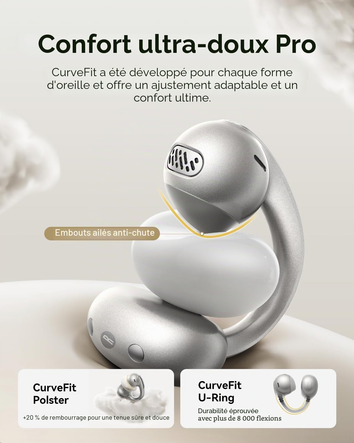 Baseus MC1 Pro Open Ear Écouteurs à clip pour oreilles avec un son impressionnant, amplification des basses adaptative, Bluetooth 6.0, annulation du bruit pendant les appels, IP67, batterie 40H, 5 g