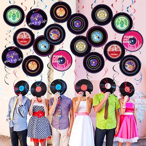 Image of Rock and Roll Record Party Hanging Swirls, 48 Pcs, Music Theme Disco Party Decorations, Vinyl Record Design for 90s Or 50s Style Rock Music Dj Party Supplies, Black and Multicolor