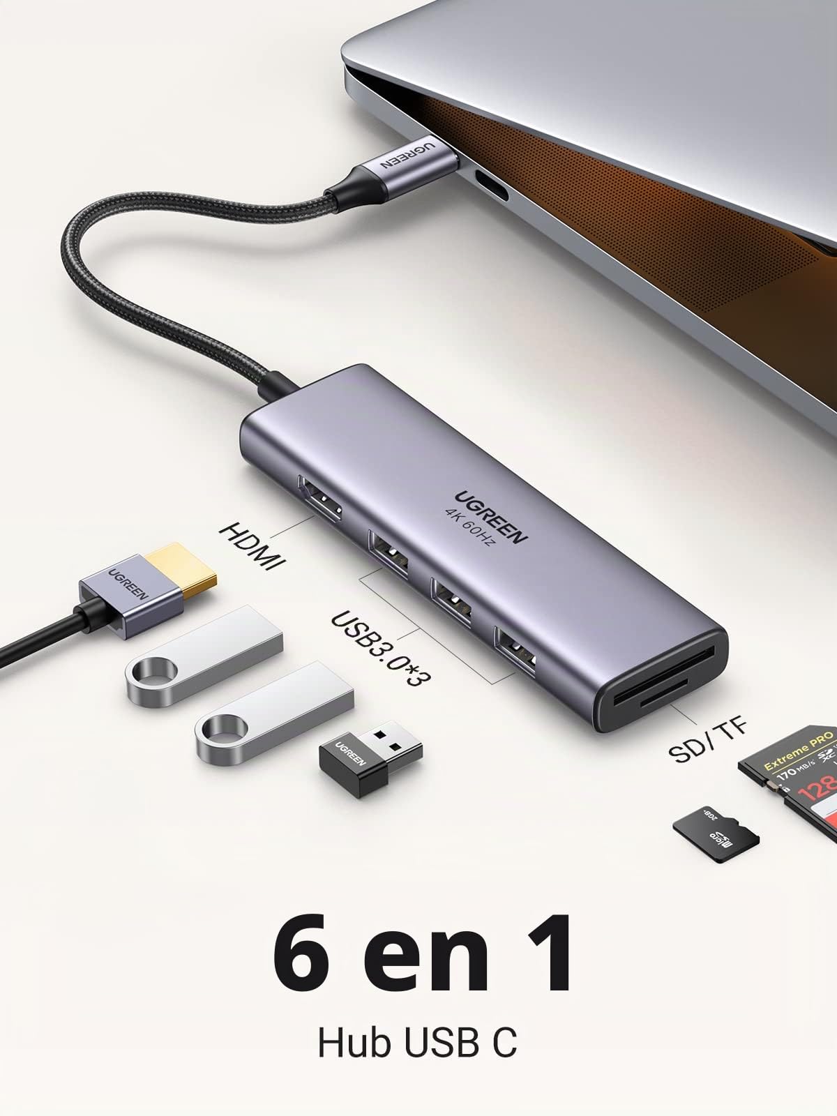 UGREEN Hub USB C 4K 60Hz, 6 En 1 USB C Hub a HDMI 4K 60Hz, USB 3.0 Hub, Lector Tarjeta SD TF, Adaptador USB C Compatible con Macbook Air M1 Macbook Pro 2020 2019 XPS 15, iPad Pro 2021 2020, Galaxy S22