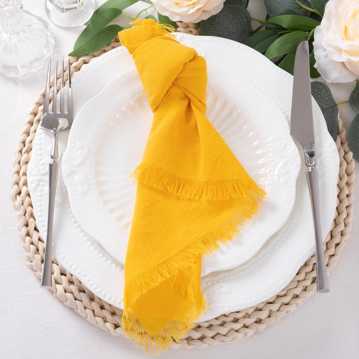 Lot de 12 Serviettes en Tissu Jaunes en Coton et Lin avec Franges Faites à la Main en Vrac pour Mariage, Thanksgiving, fête prénuptiale, Noël, Utilisation Quotidienne 45,7 x 45,7 c