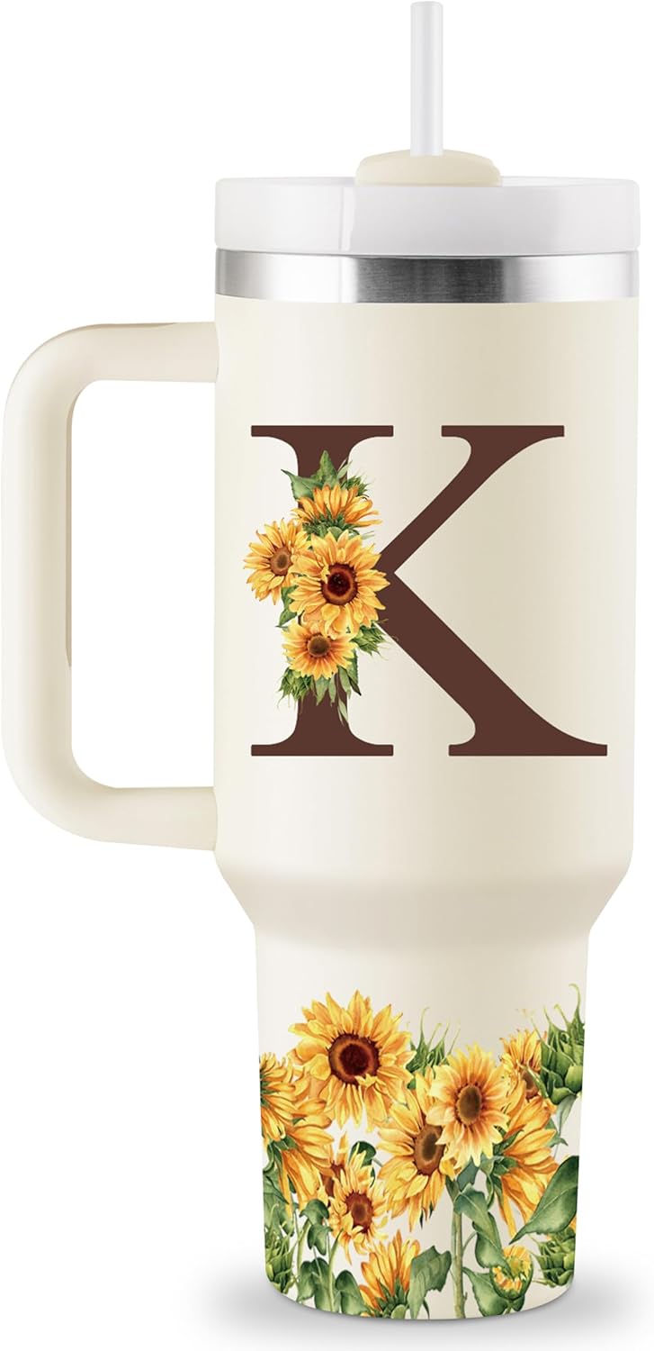 Sunflower Gifts for Women - Monogrammed 40 oz Tumbler with Handle & Straw - Christmas Personalized Gifts for Women, Monogrammed Gift for Mom, Wife, Sister, Friend - Initial Sunflower Tumbler Cup