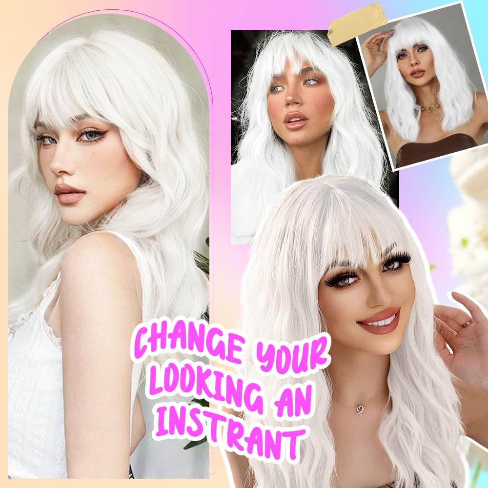 White Wig with Bangs Short Wavy Wigs for Women Curly Bob Style Wear and Go Natural Synthetic Wigs for Halloween Costumes Cosplay Daily Party Use 16IN