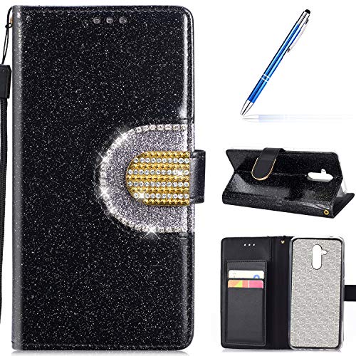 Robinsoni Case Compatible with Huawei Mate P20 Lite Phone Case Wallet PU Leather Phone Cover Book Style Cover Kickstand Case Folio Flip Phone Cover Shockproof Heavy Duty Case Sparkle Bling Case Black