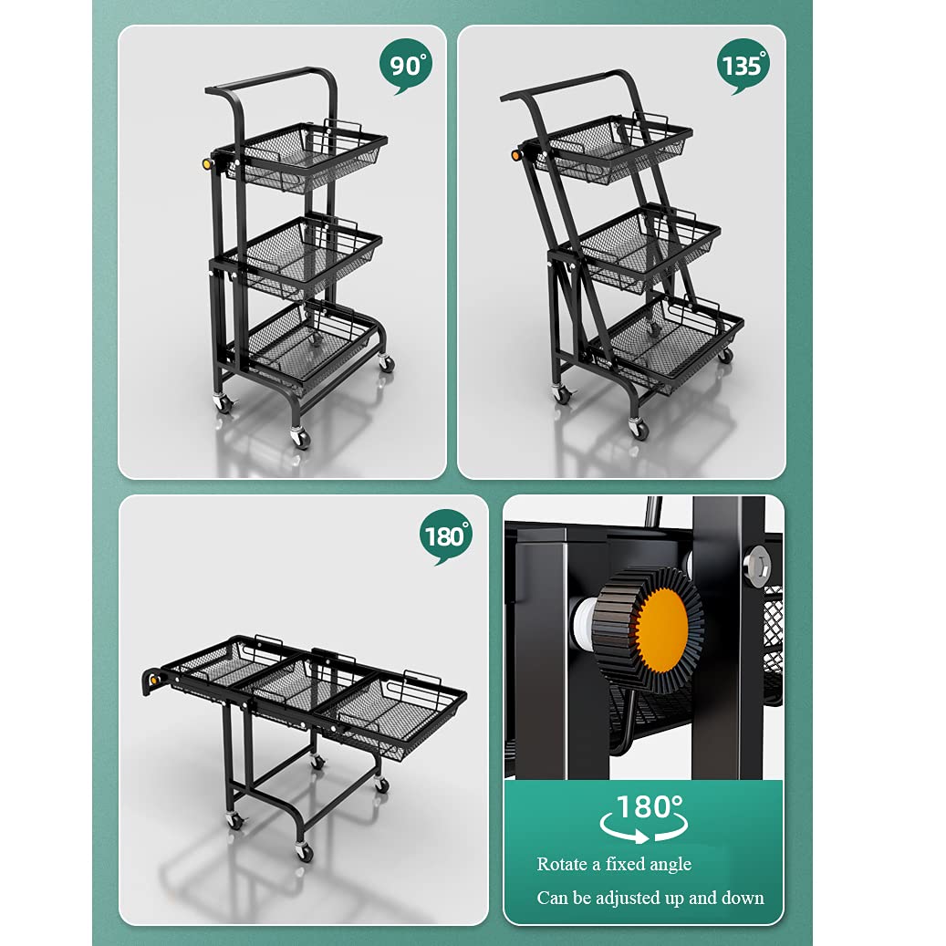 Carrello a 3 livelli in metallo con cestelli in filo metallico, scaffale pieghevole per cucina, casa e ufficio, carrello con ruote
