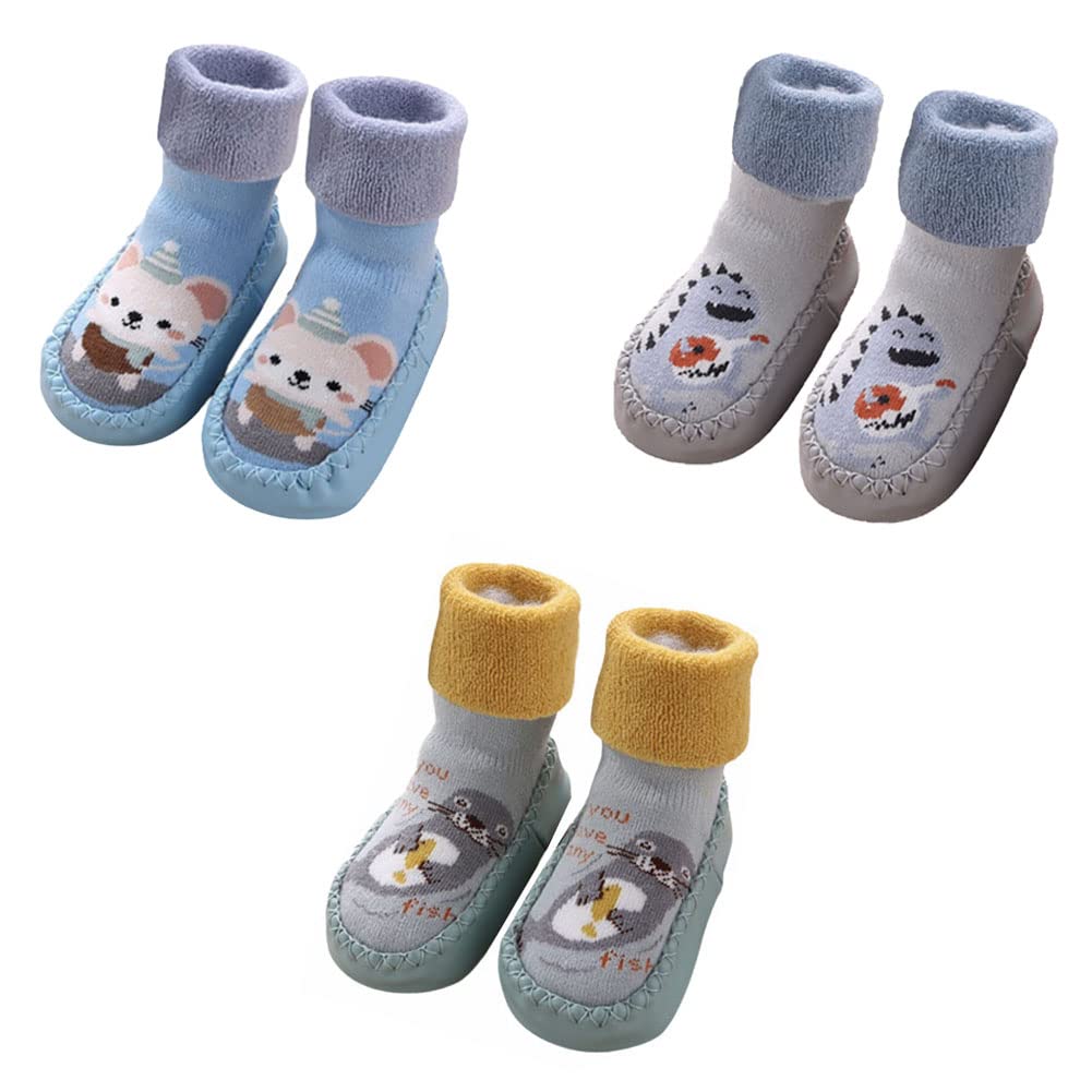 FedMois 3er Pack Baby Socken Hausschuhe Anti-Rutsch gefüttert Hüttenschuh Lauflernschuhe Winter
