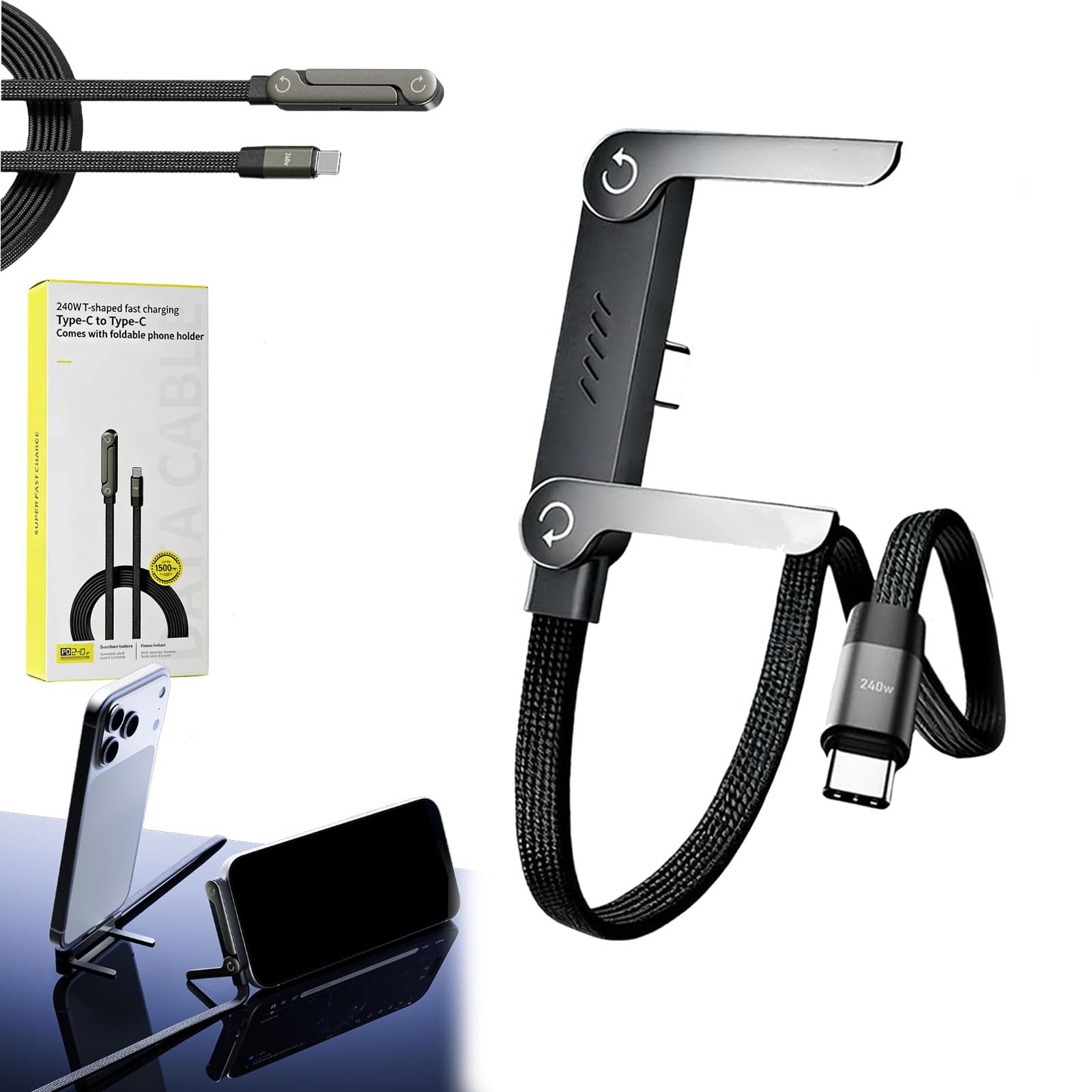 Kabel do szybkiego ładowania 240 W ze stojakiem do smartfonów, boczna ładowarka do telefonu komórkowego ze stojakiem, nieplączący się, elastyczny kabel USB-C o długości 1,5 m do smartfonów (3, a)