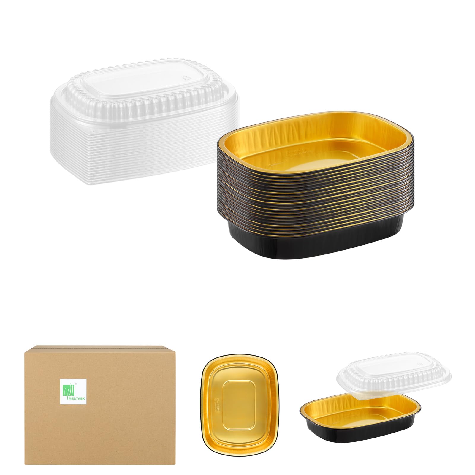 Sartenes ovalados de aluminio con tapas a presión (20 paquetes) | Contenedor reutilizable 2 veces más grueso y resistente de 25 onzas para llevar (negro)